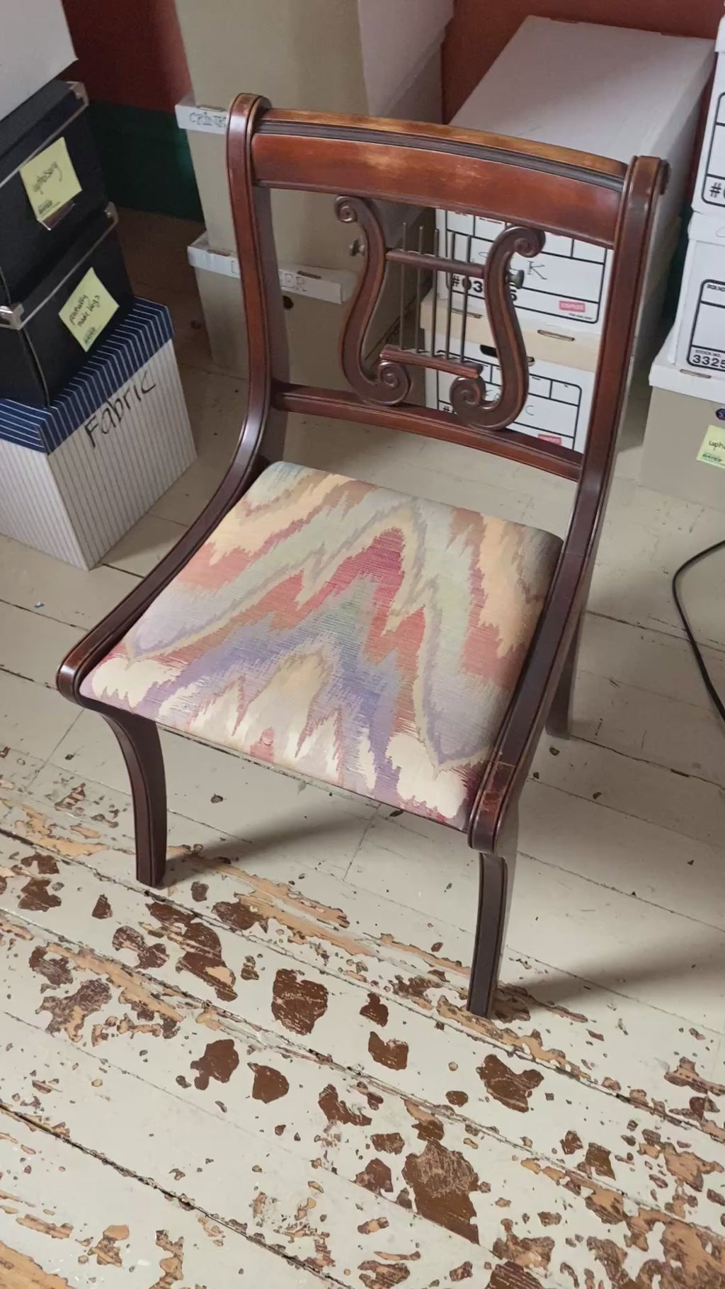 Duncan Phyfe Style Lyre-Back Side Chair in Mahogany with Flame Stitch Seat
