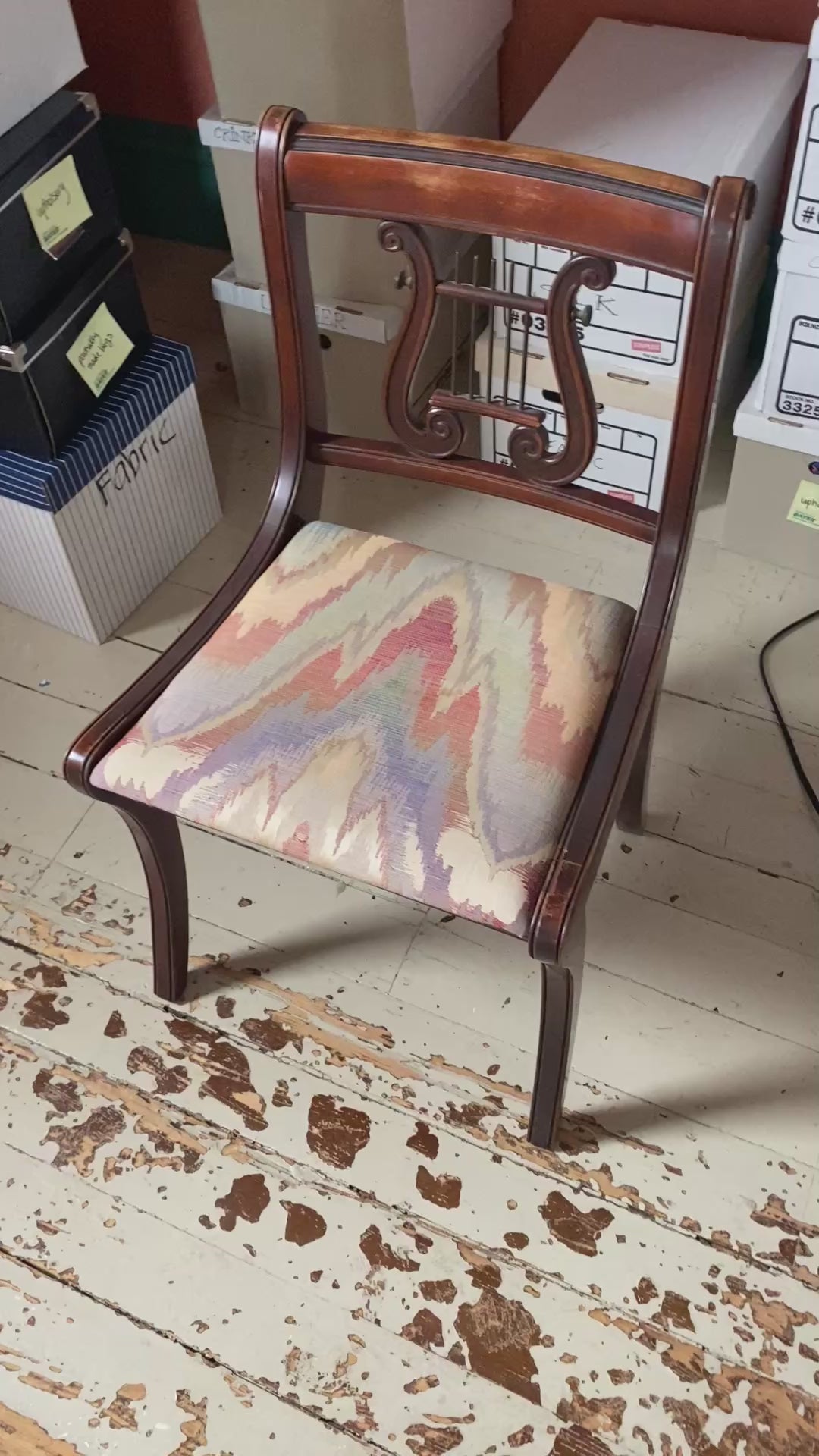 Duncan Phyfe Style Lyre-Back Side Chair in Mahogany with Flame Stitch Seat