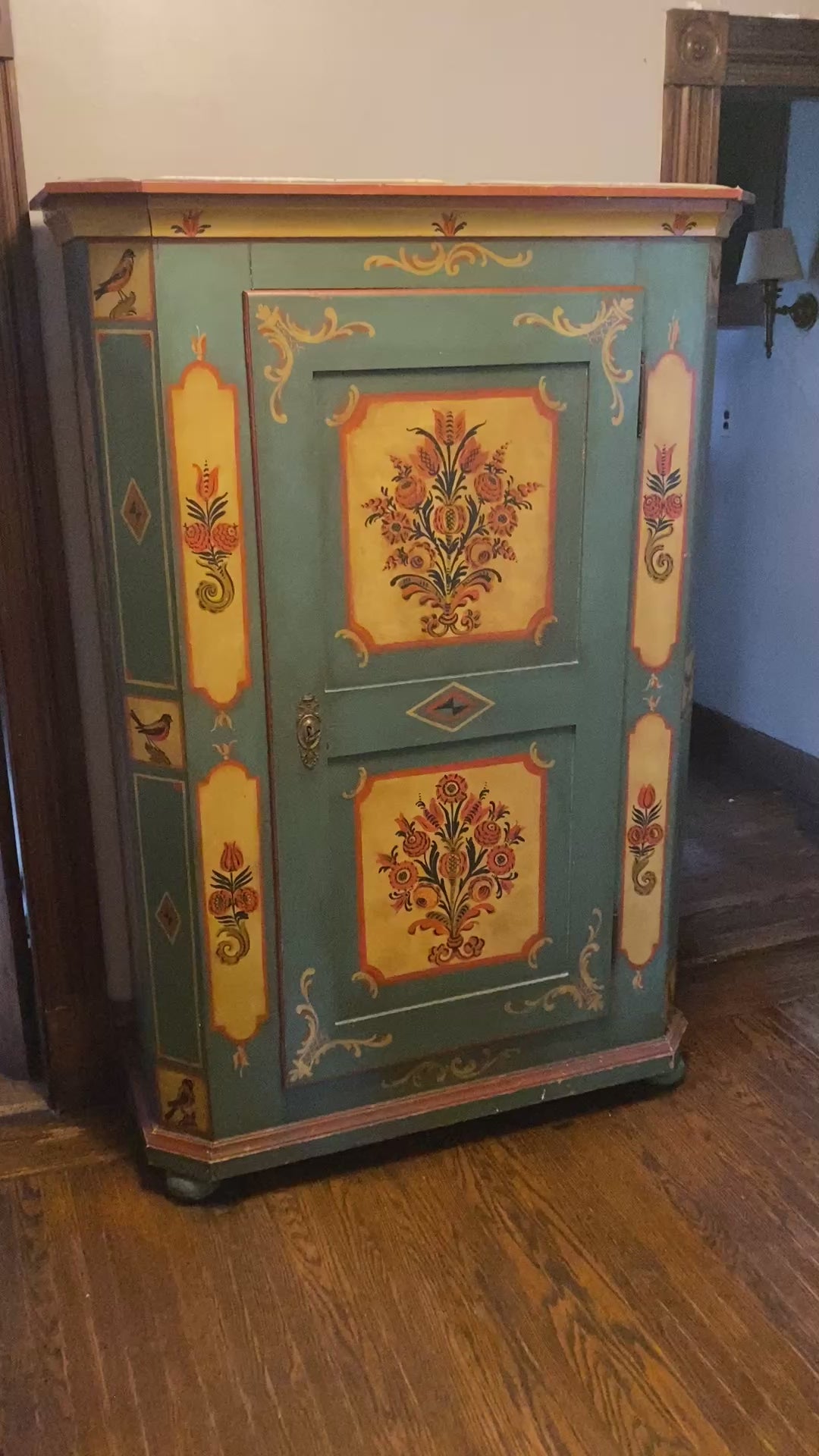 Tyrolean Hand-Painted Pine Schrank Armoire with Folk Art Bird & Floral Motifs