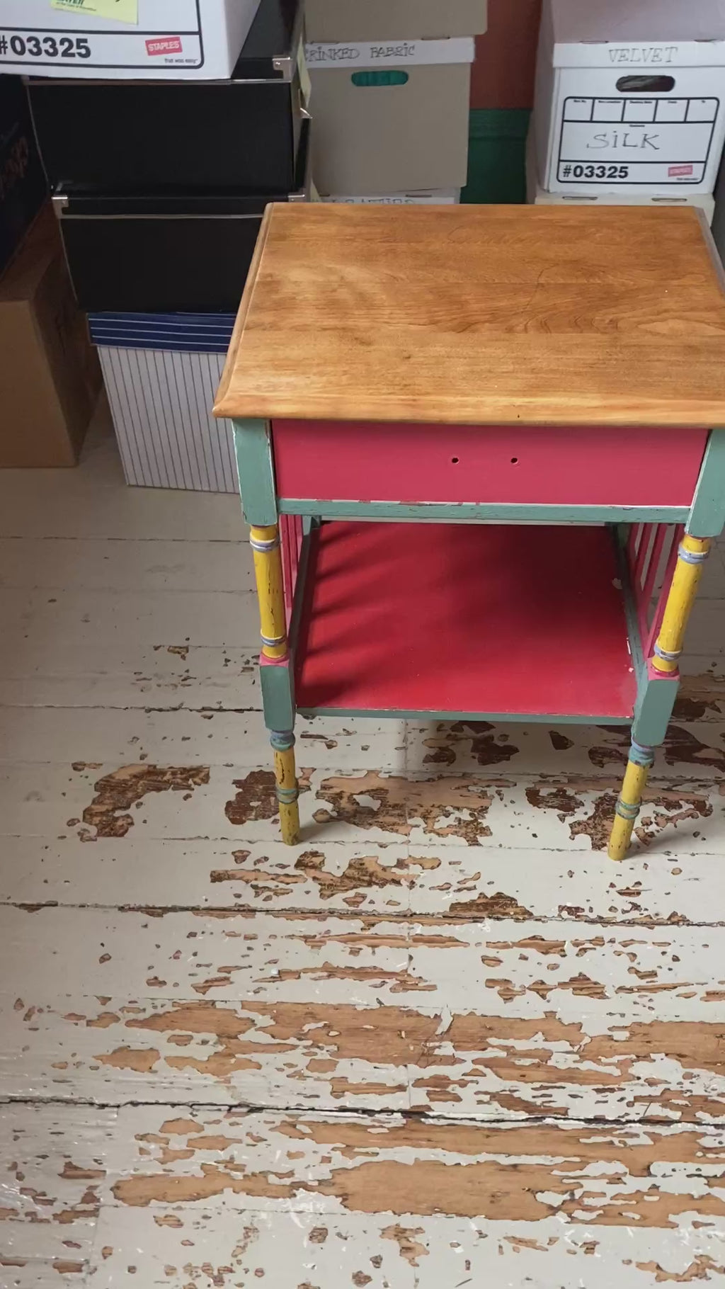 Folk Art Painted Side Table with Solid Mahogany Top & Spindle Gallery Shelf