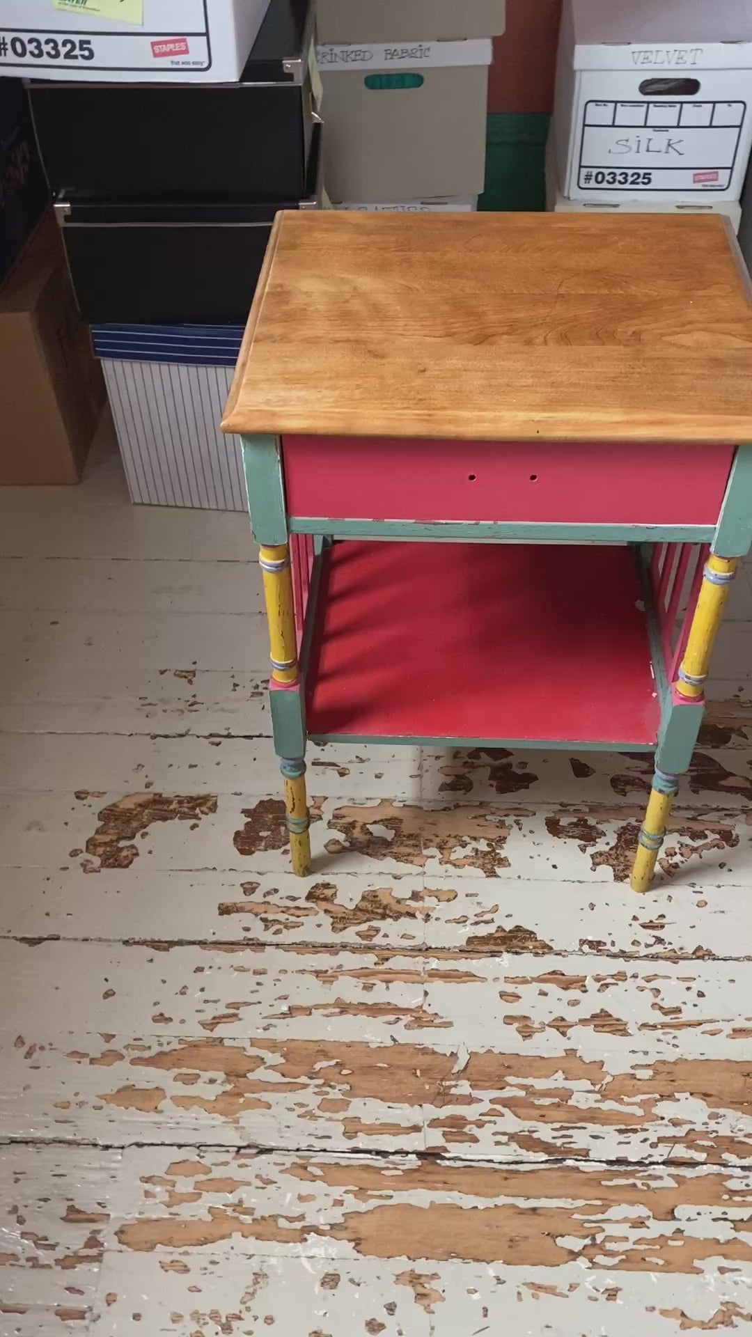 Folk Art Painted Side Table with Solid Mahogany Top & Spindle Gallery Shelf