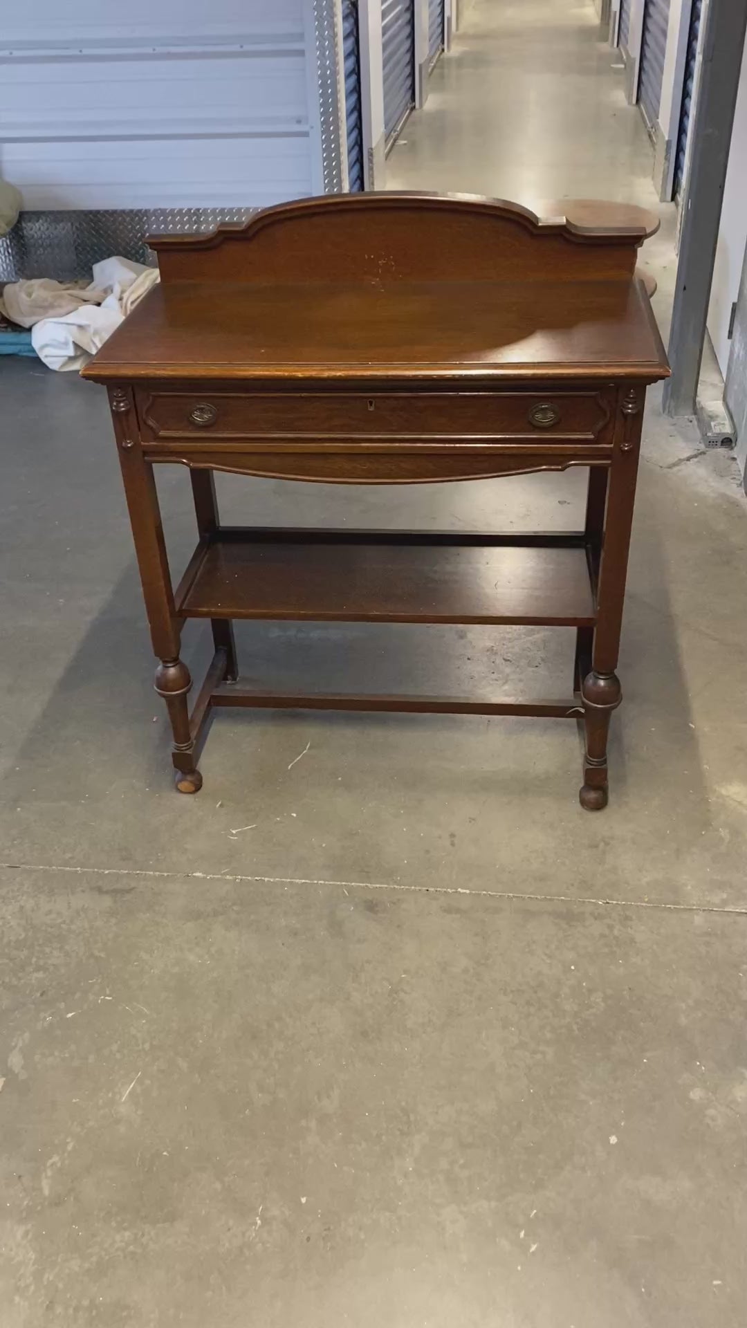 Antique English Oak Serpentine Server with Lower Shelf & Original Brass Pulls
