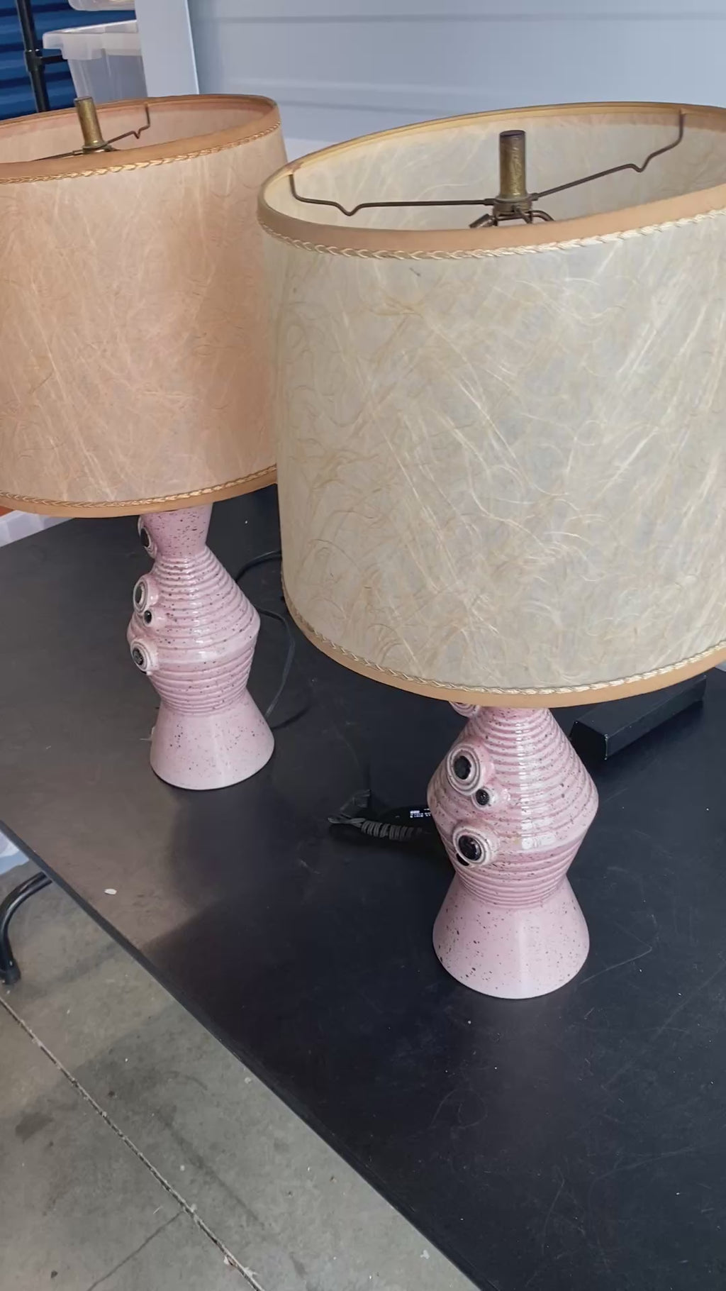 Pair Mid-Century Pink Speckled Ceramic Table Lamps with Atomic Orbital Details