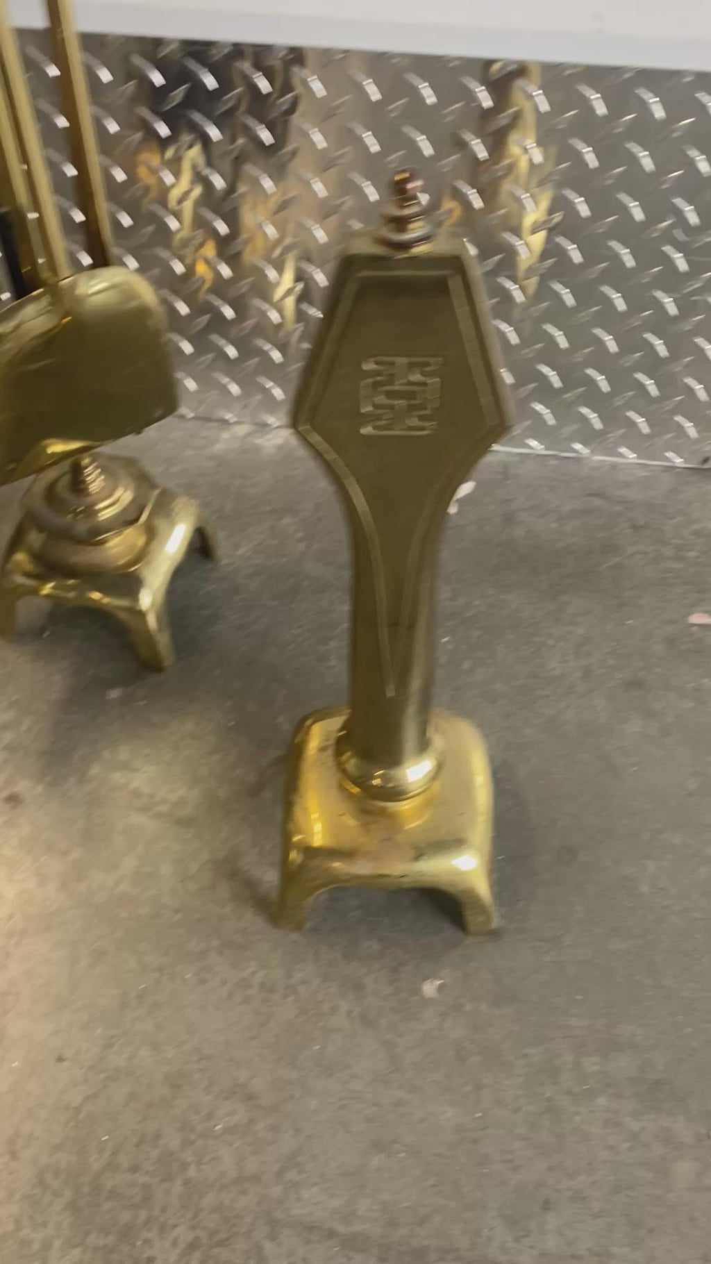 Asian-Inspired Solid Brass Fireplace Tool Set & Matching Andirons, Greek Key Mot