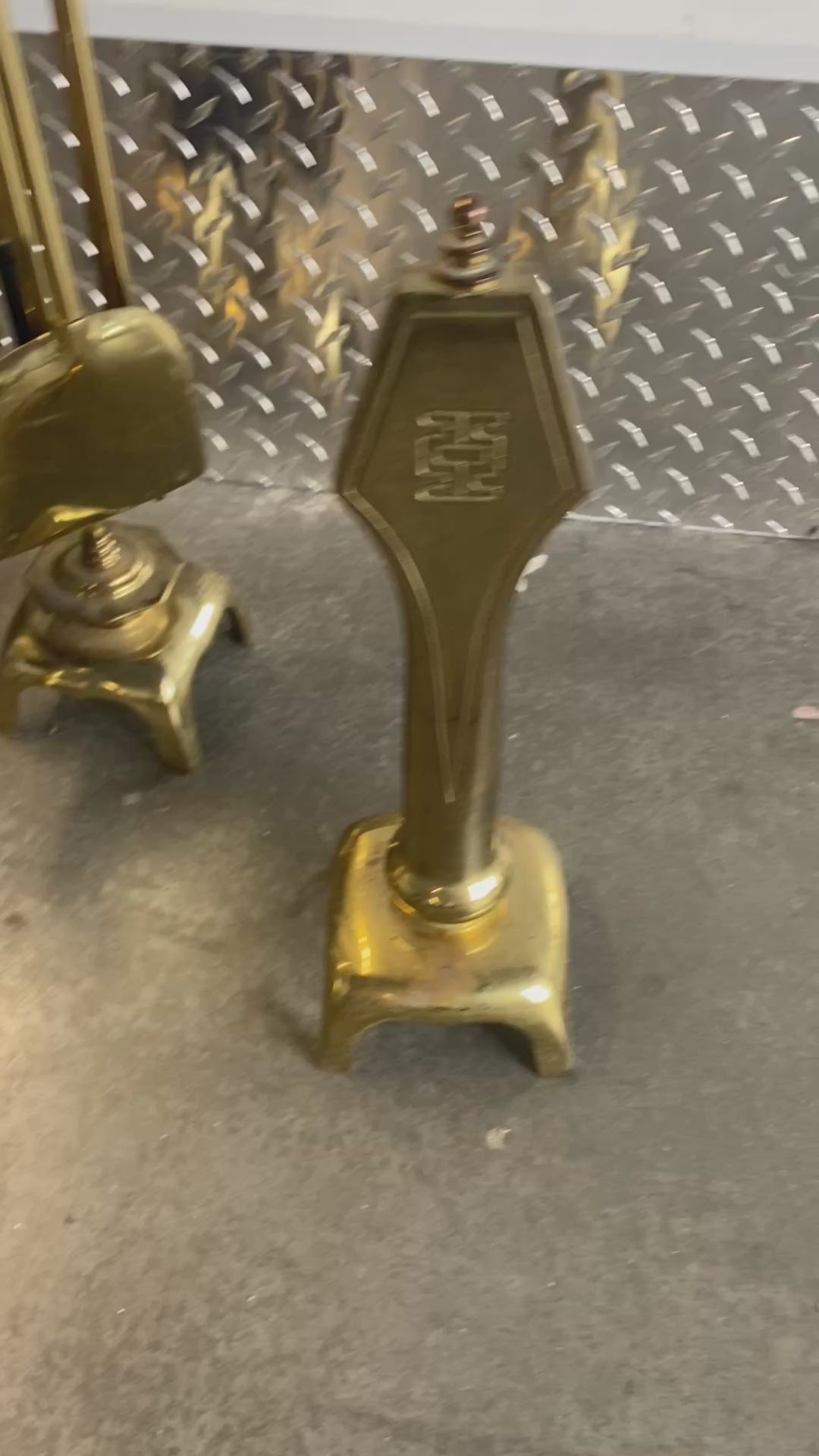 Asian-Inspired Solid Brass Fireplace Tool Set & Matching Andirons, Greek Key Mot