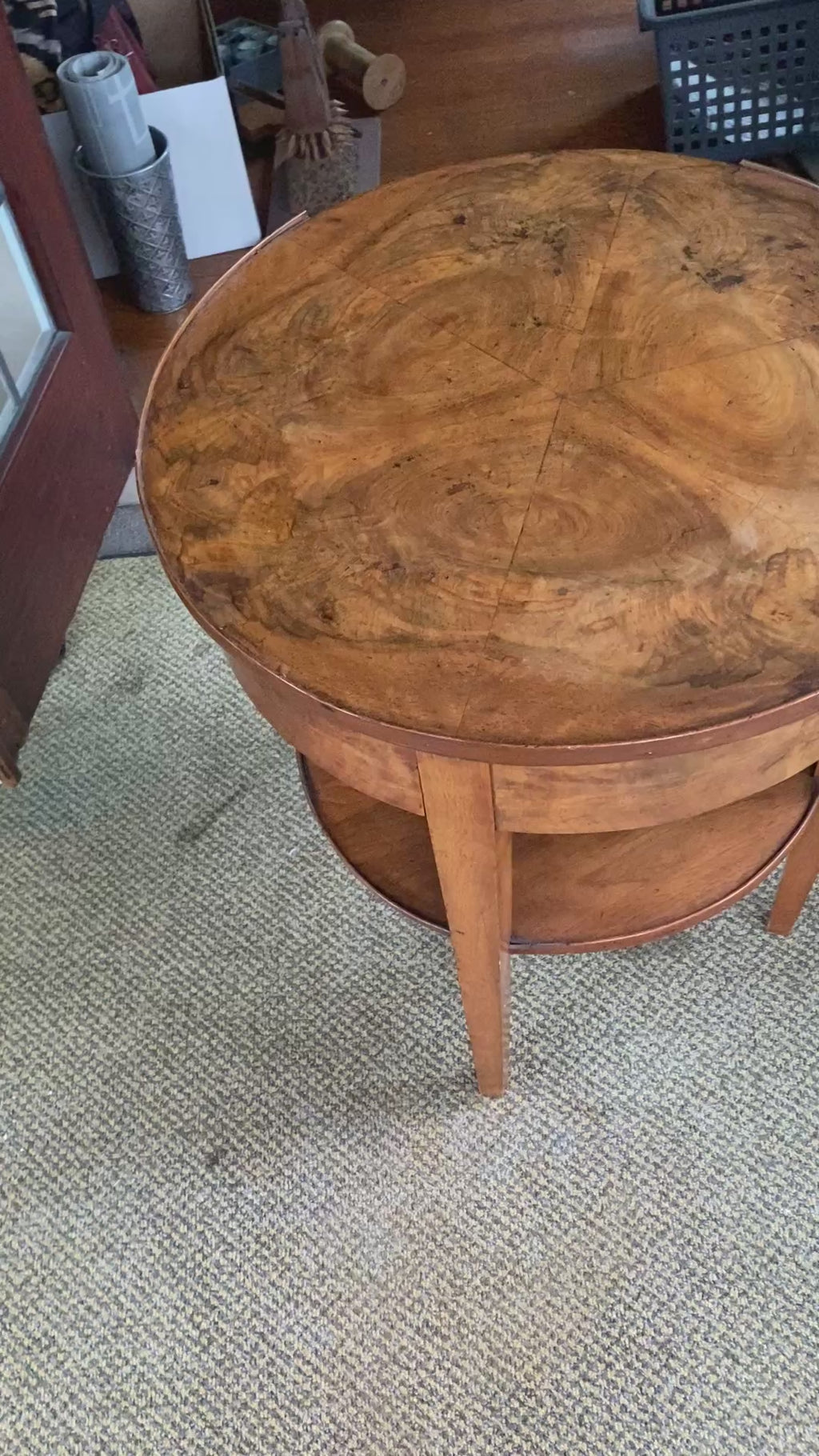 Vintage Burl Walnut Round Two-Tier Side Table with Tapered Legs