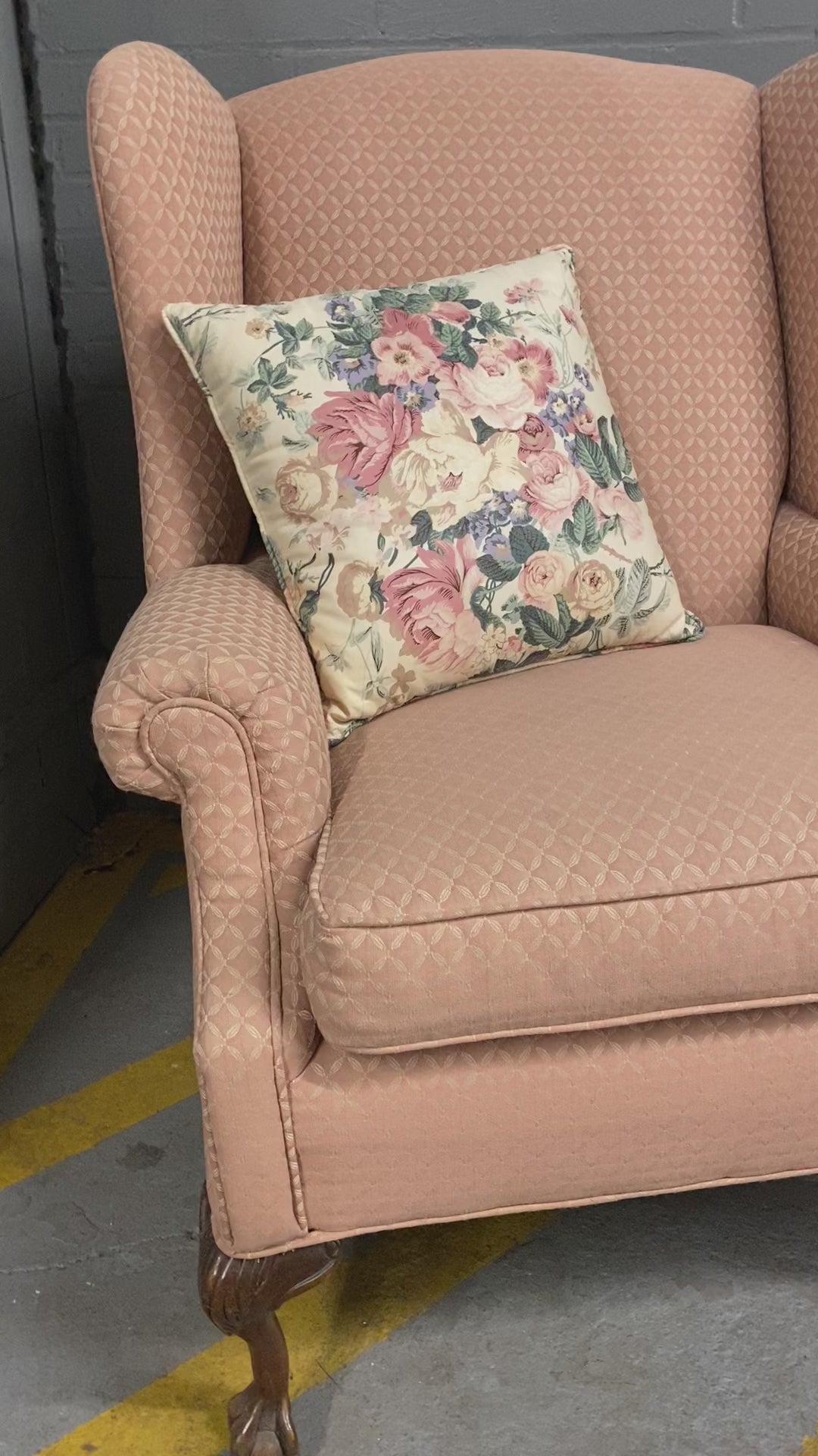 Pair Vintage Wingback Chairs – Peach Jacquard, Queen Anne Legs