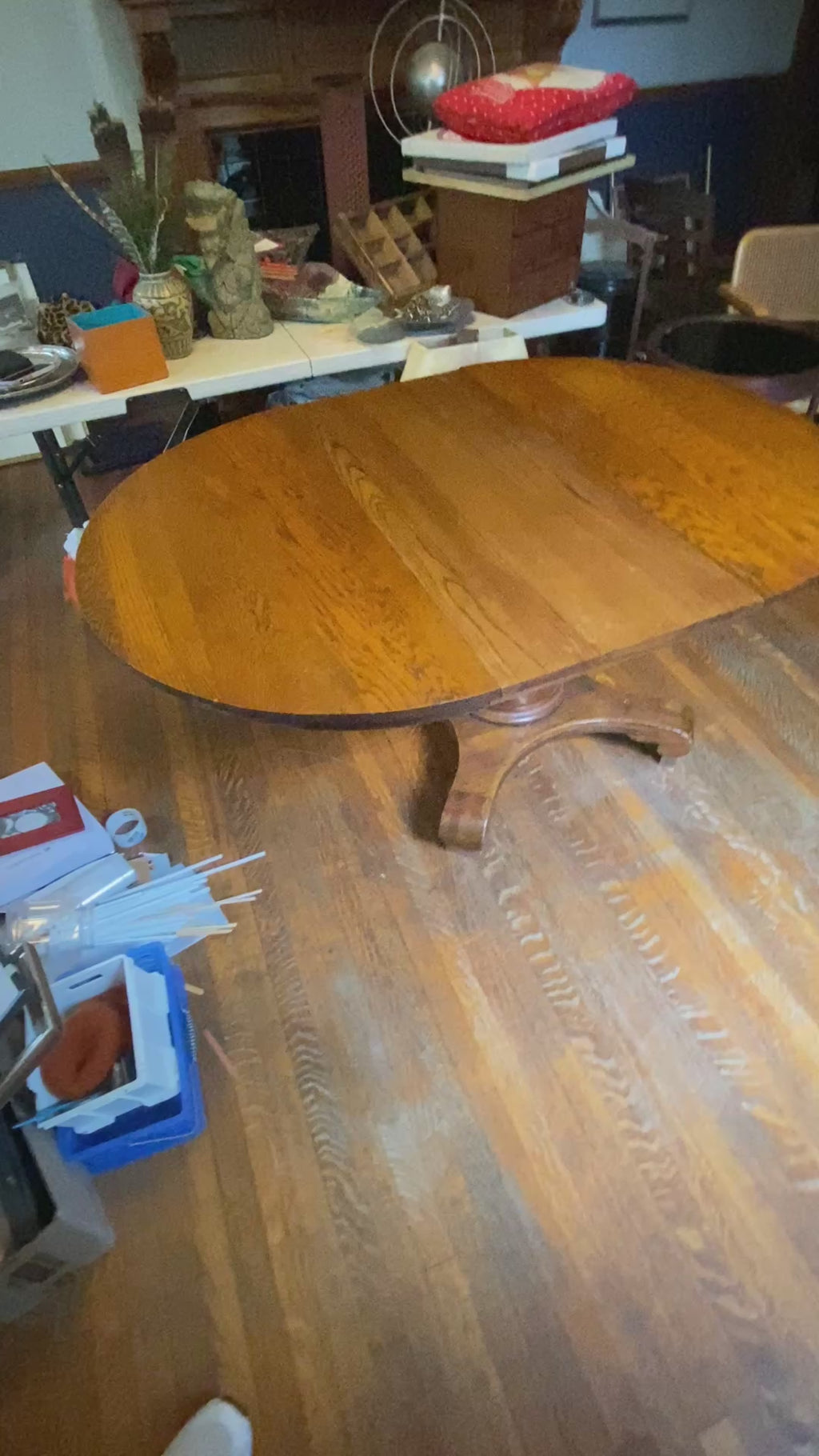 Antique Quarter-Sawn Oak Empire Revival Pedestal Dining Table with Leaf