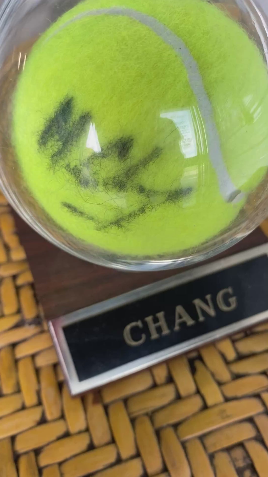Michael Chang Signed Tennis Ball in Display Case with Walnut Base