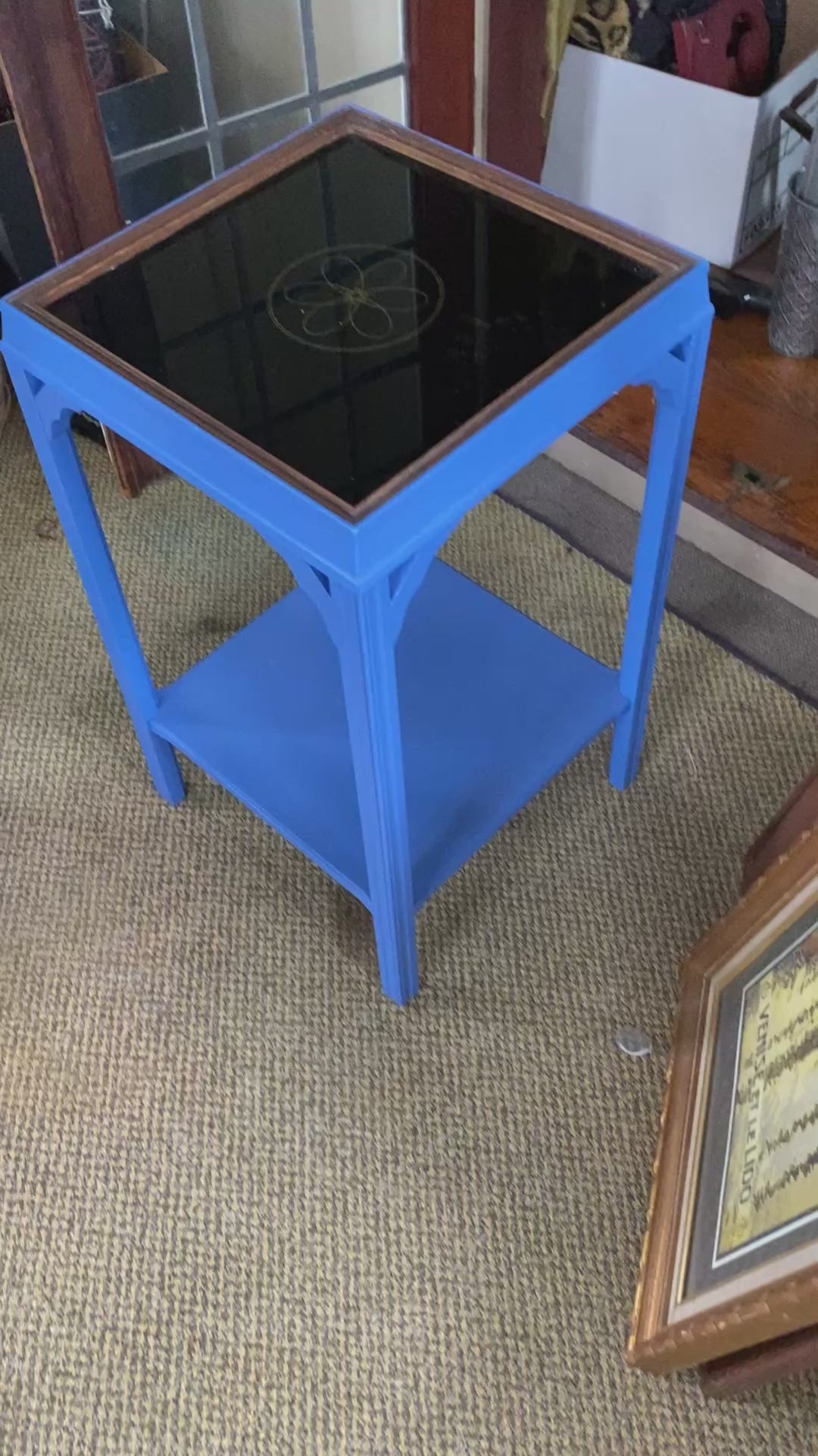 Vintage Chippendale-Style Side Table with Black Glass Inset Top, Cobalt Blue Pai