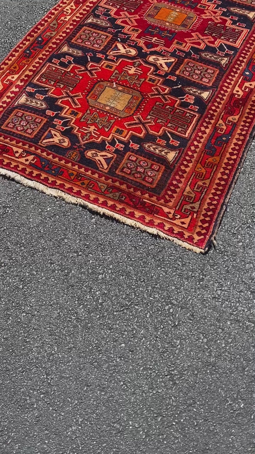 Vintage Caucasian-Style Hand-Knotted Wool Runner, Bold Geometric Medallions