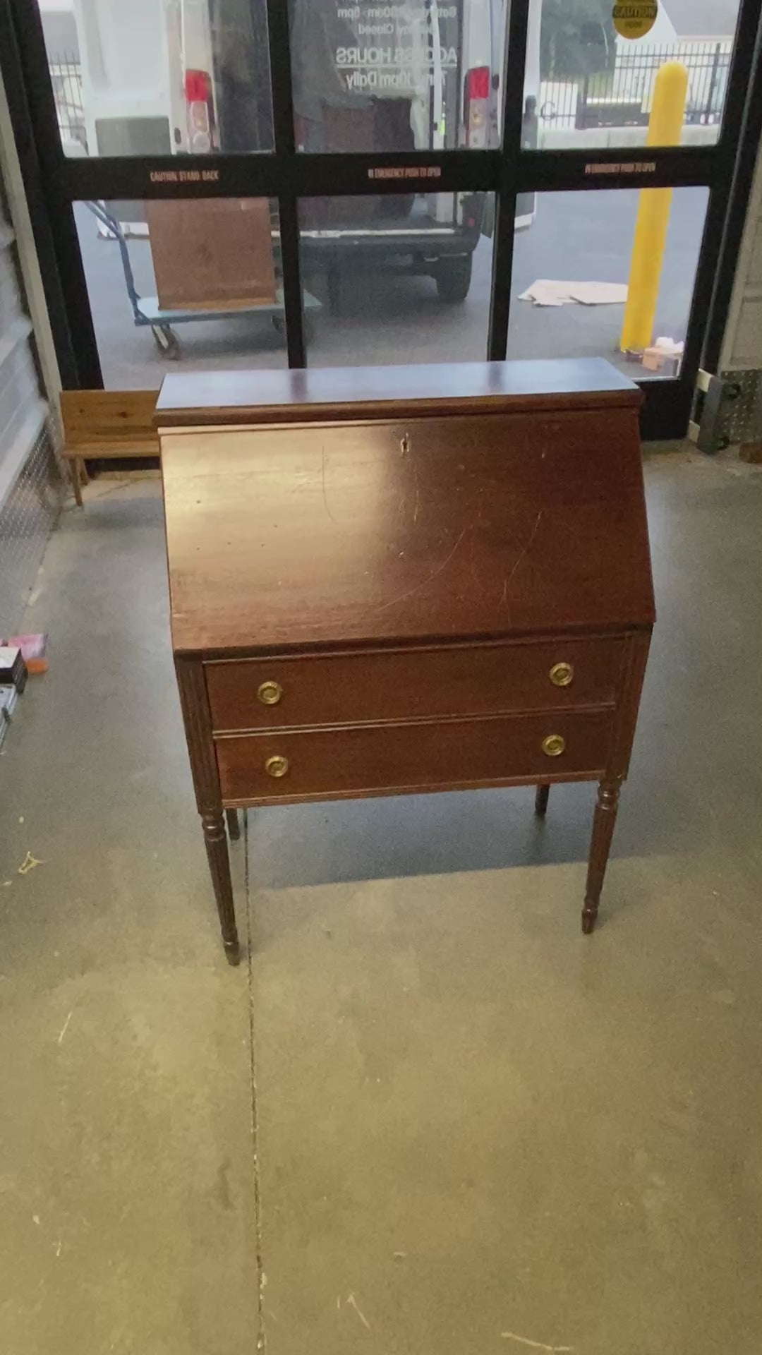 Sheraton-Style Mahogany Drop-Front Secretary Desk with Reeded Legs & Brass Hardware