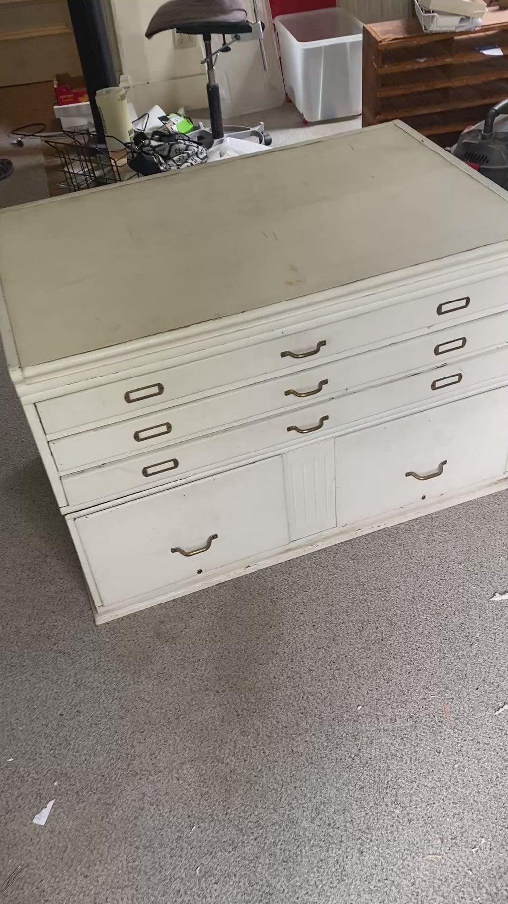 Vintage White Flat File Cabinet with Brass Hardware, Modular Two-Piece Design