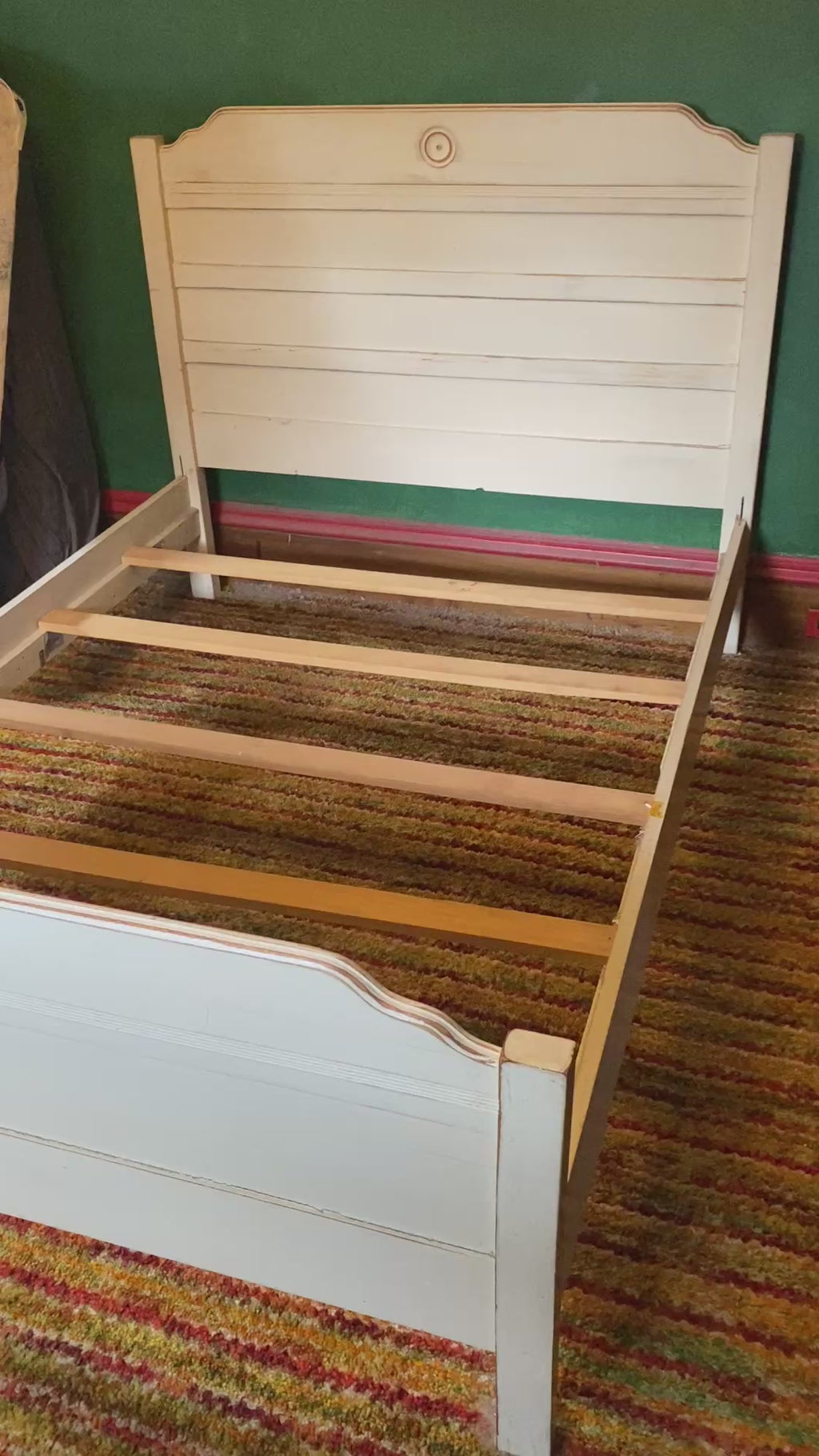 Cottage-Style Painted Pine Full Bed Frame with Shiplap Paneling & Medallion Deta