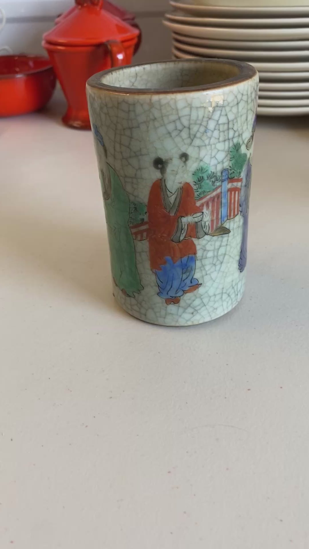 Chinese Crackle Glaze Brush Pot with Figural Scene & Seal Mark