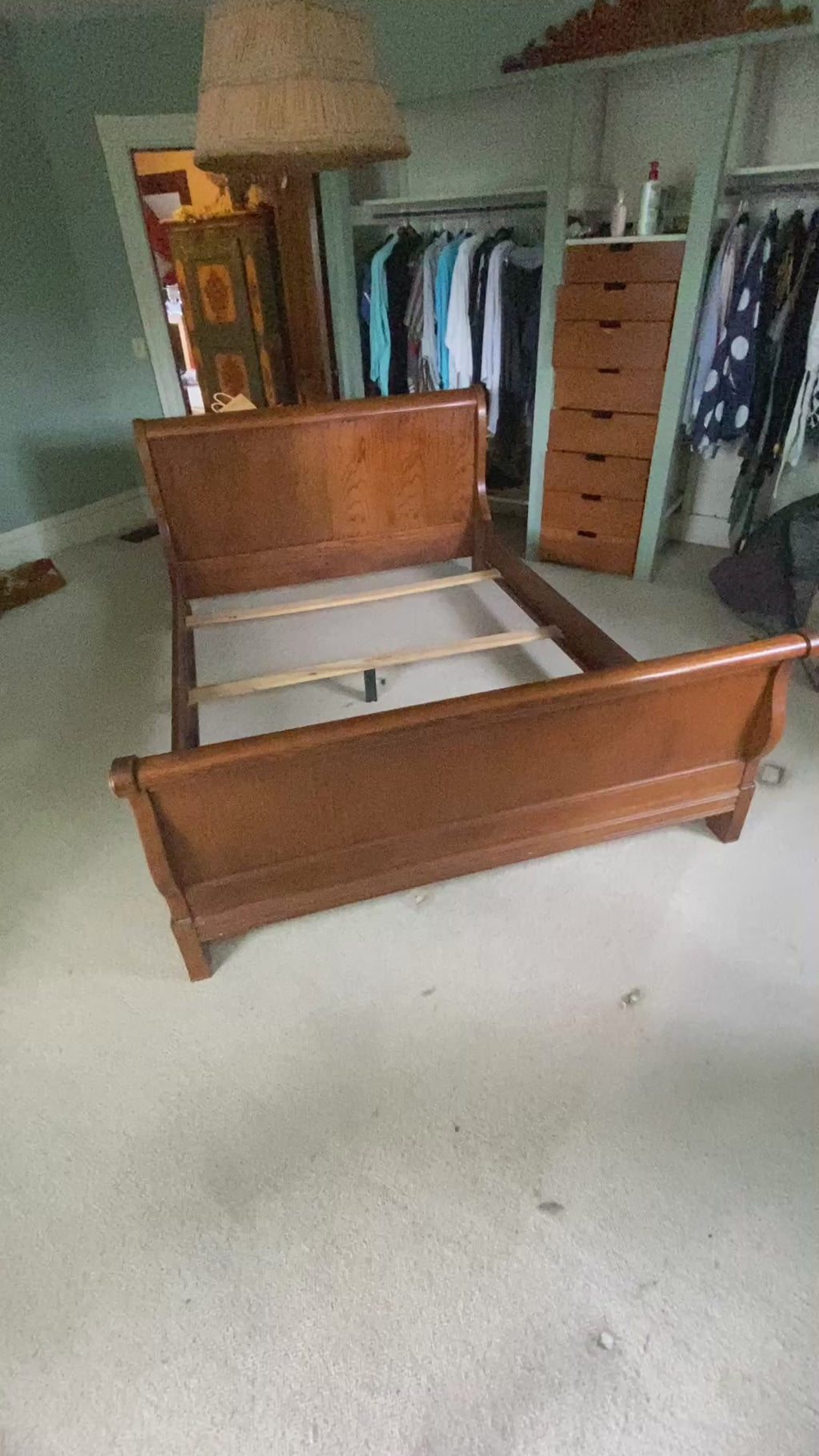 Solid Oak Queen Sleigh Bed Frame with Curved Scroll Ends & Original Slat Support