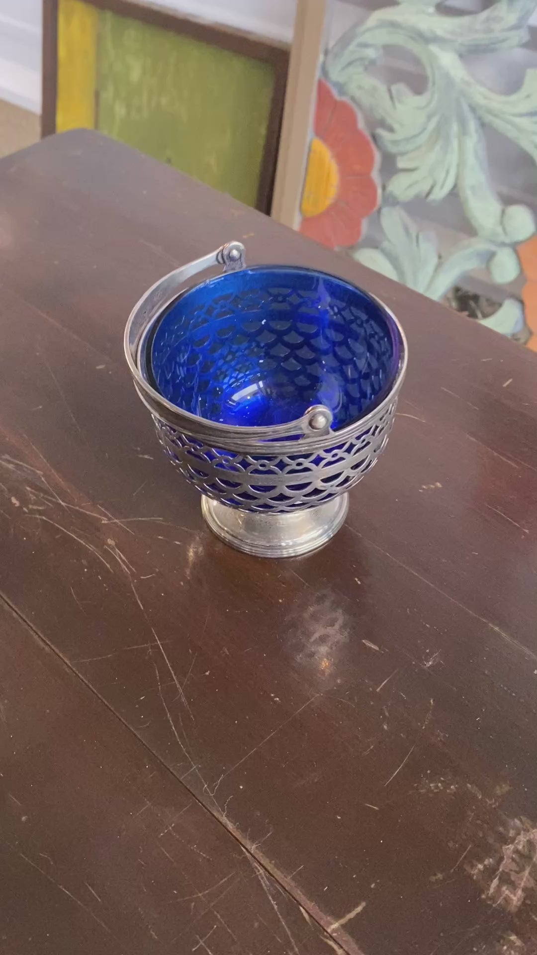 Tiffany & Co. Sterling Silver Pierced Sugar Basket with Cobalt Glass Liner