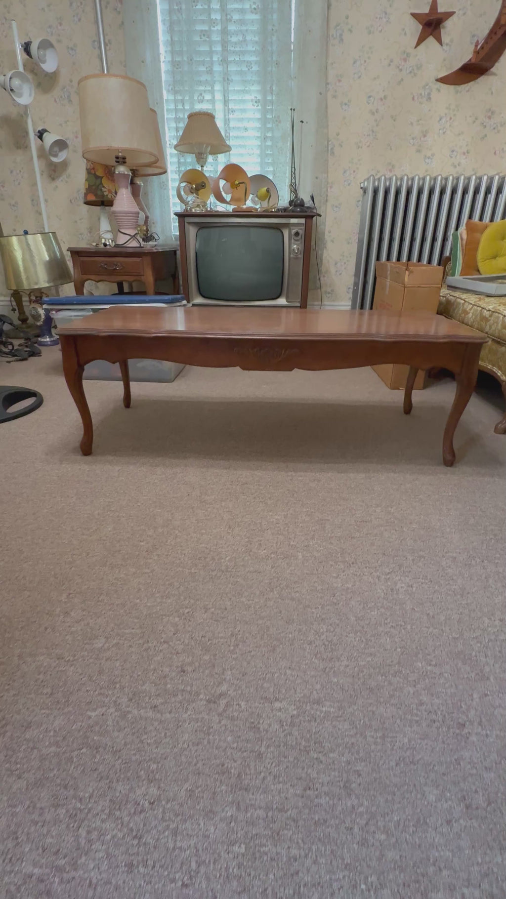 French Provincial Cherry Coffee Table with Carved Apron & Cabriole Legs