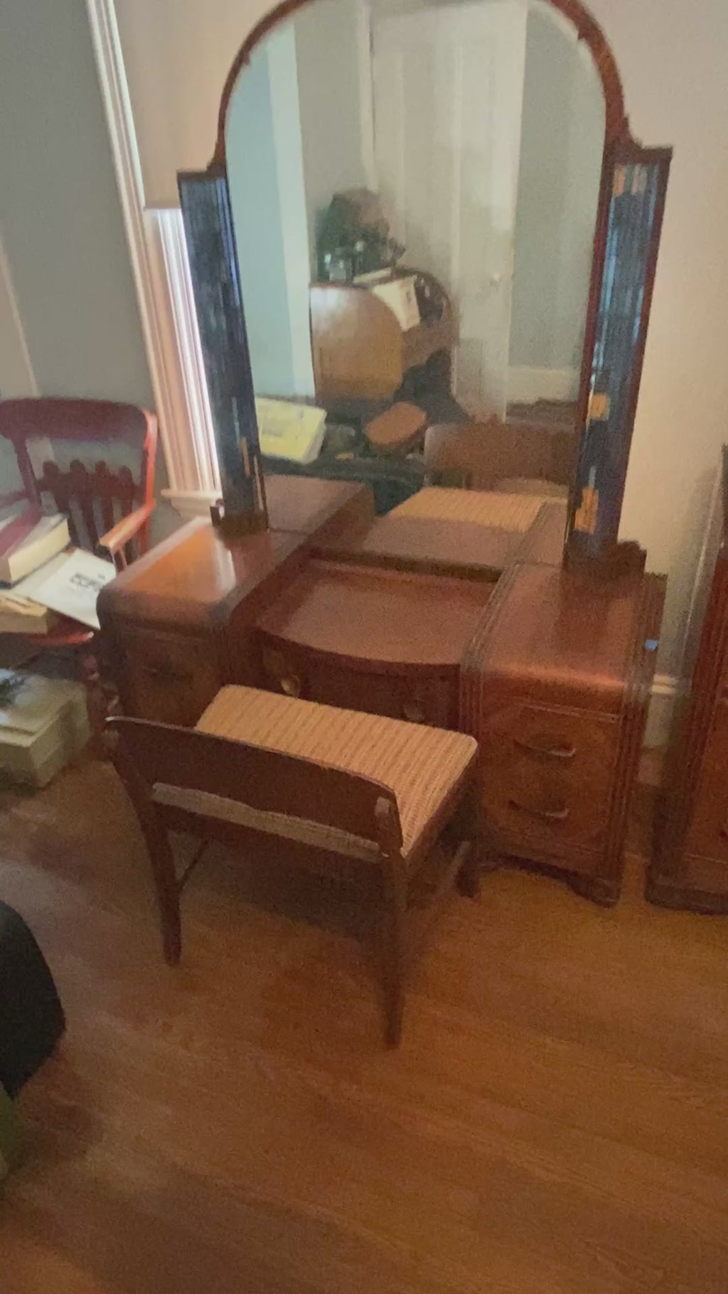 1930s Art Deco Waterfall Vanity with Arched Mirror & Stained Glass Accents
