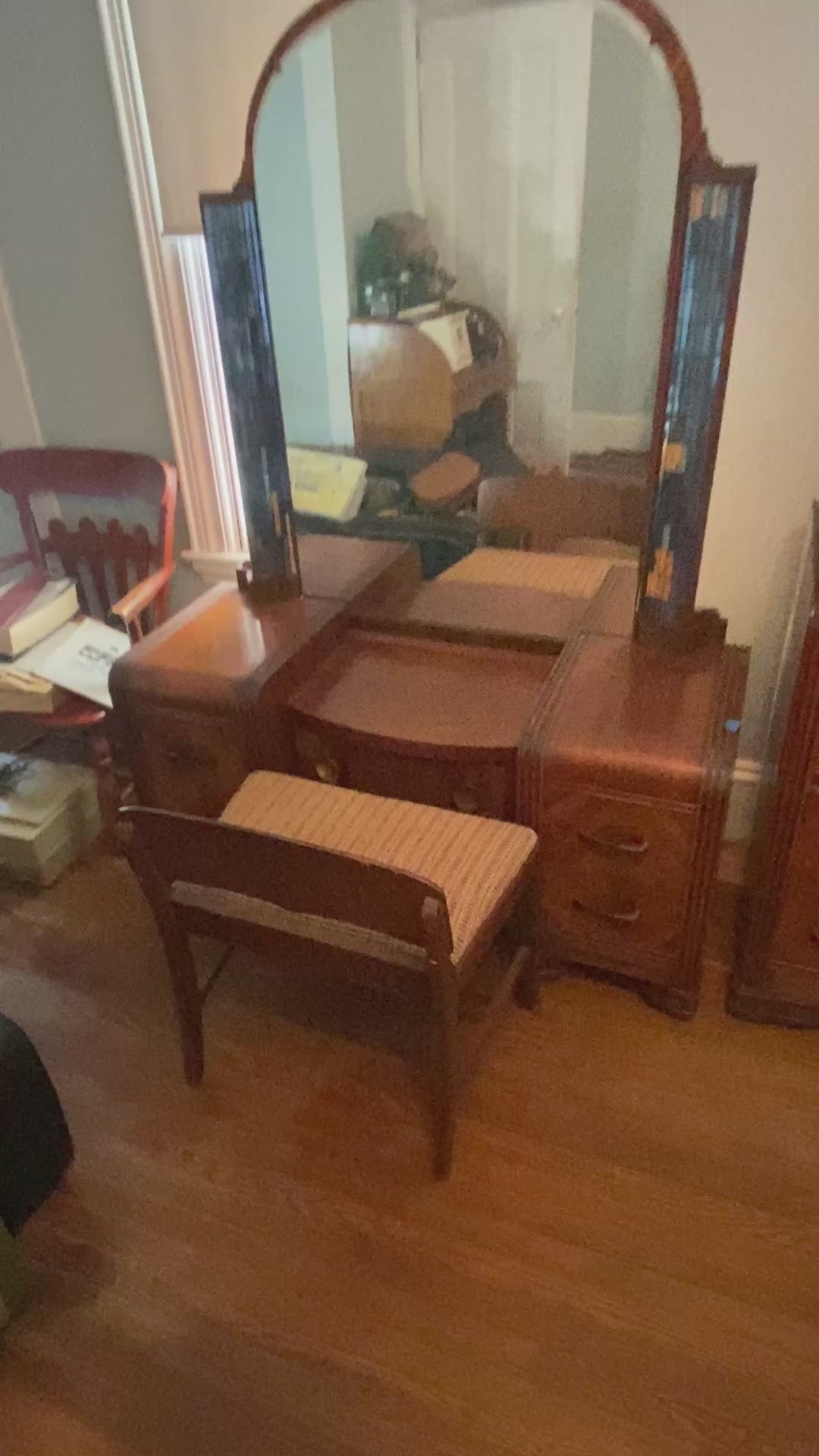 1930s Art Deco Waterfall Vanity with Arched Mirror & Stained Glass Accents