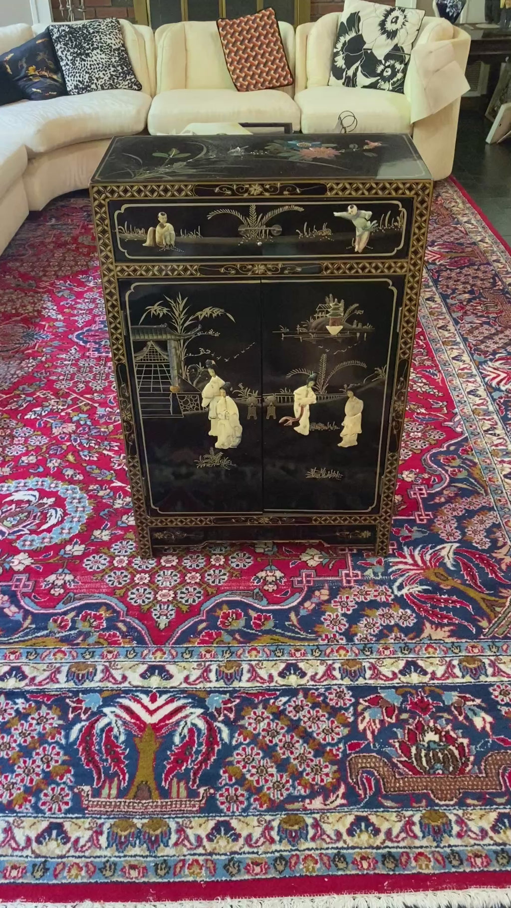 Chinese Black Lacquer Cabinet with Carved Soapstone Figures & Mother of Pearl
