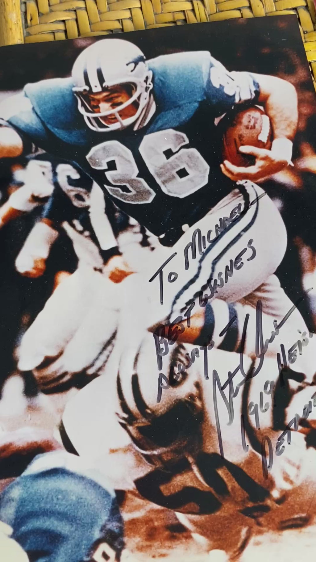 Steve Owens Signed 8x10 Photos (Pair) – 1969 Heisman Winner, Detroit Lions NFL