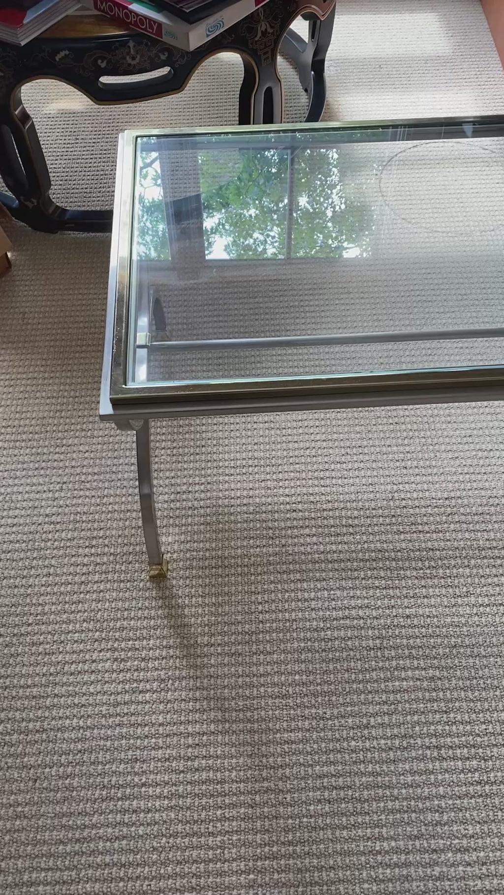 Hollywood Regency Chrome & Brass Curule Coffee Table with Beveled Glass Top