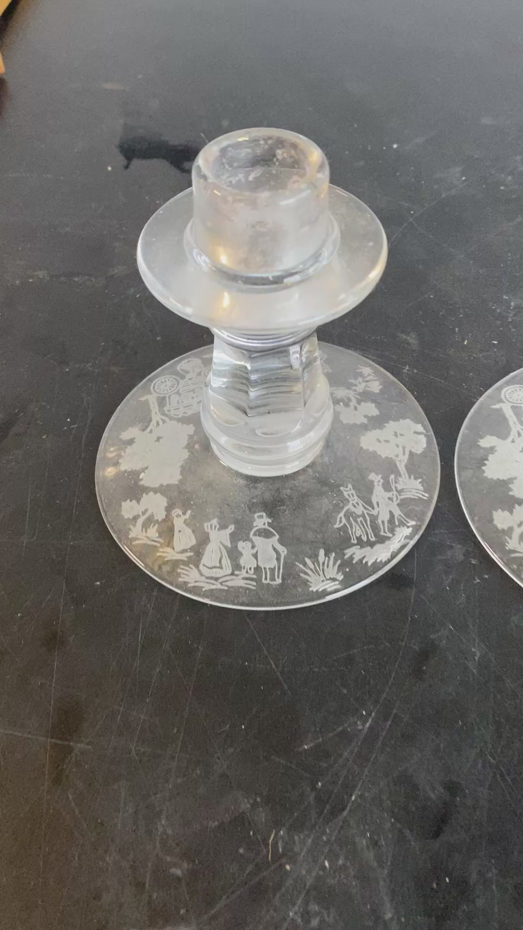 Vintage Etched Glass Candlesticks Pair - Colonial Scene Figural Design c.1940s