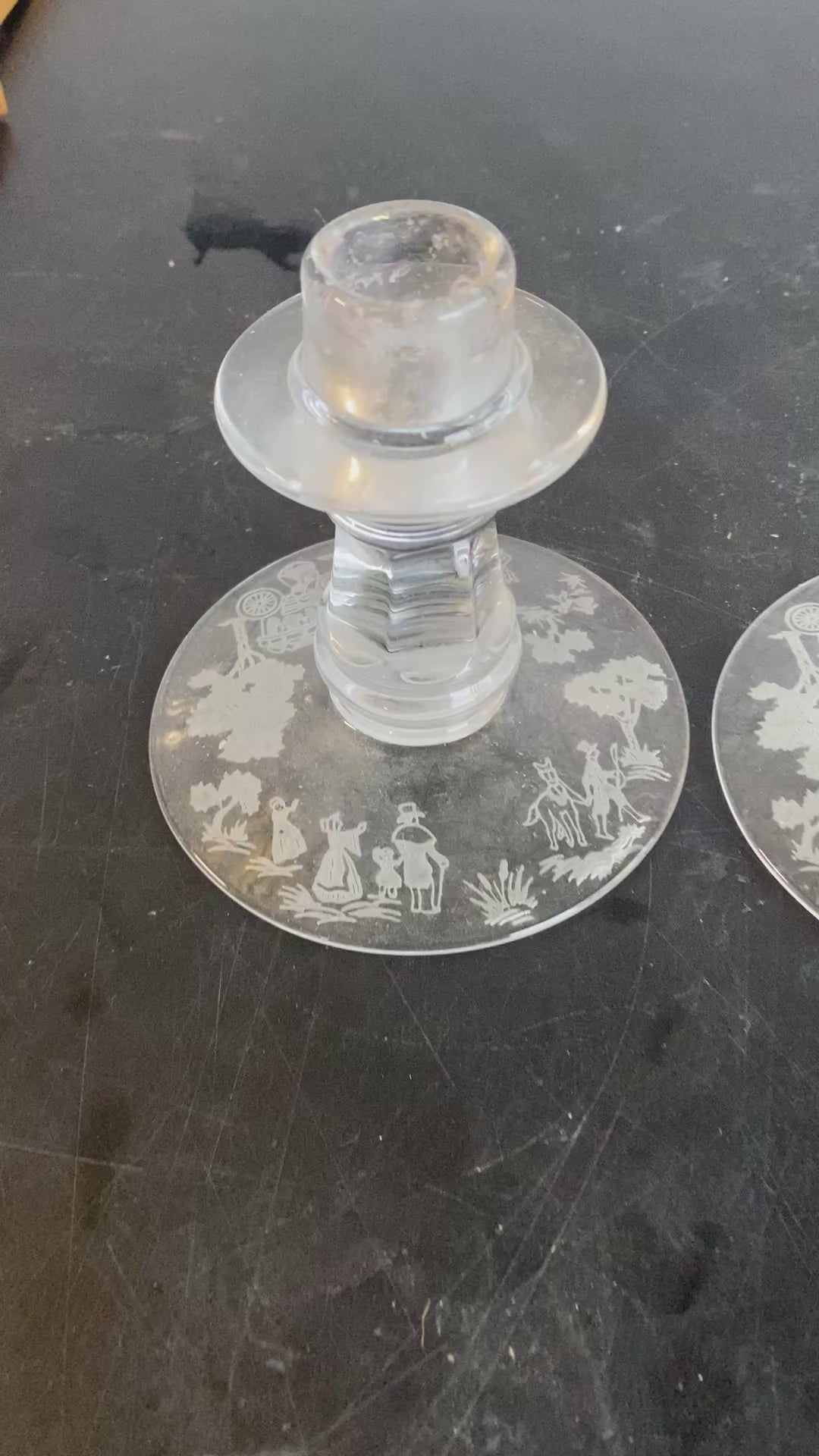 Vintage Etched Glass Candlesticks Pair - Colonial Scene Figural Design c.1940s