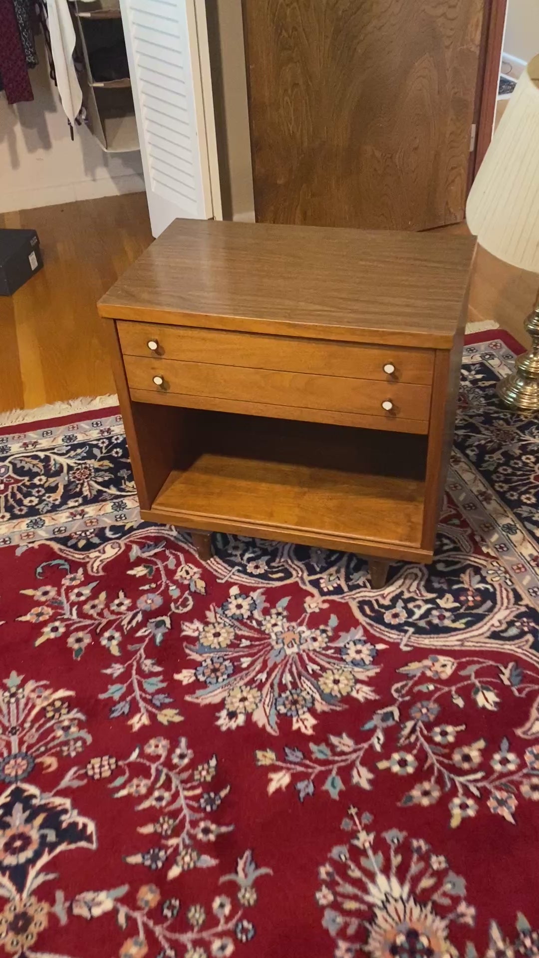 Mid-Century Modern Walnut Nightstand with Brass Pulls & Open Shelf c.1960s