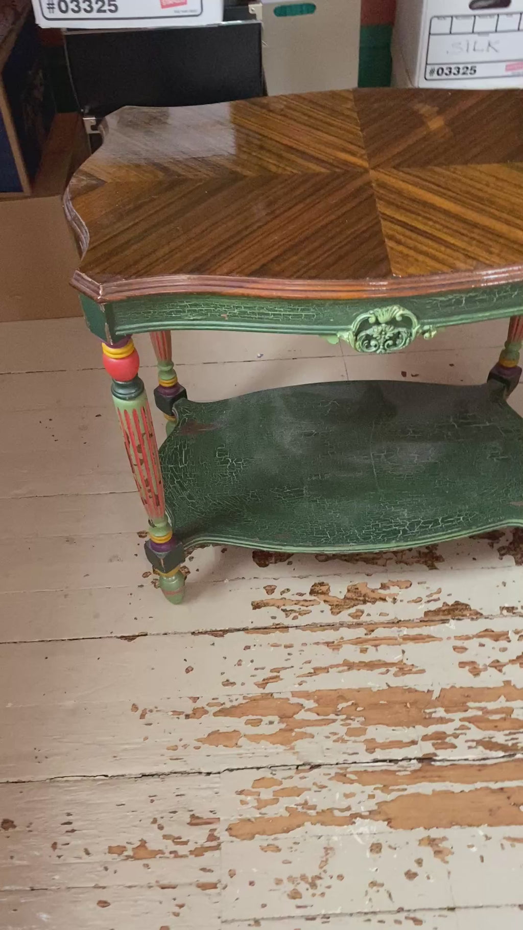 1920s Parlor Table with Bookmatched Walnut Top & Folk Art Painted Base