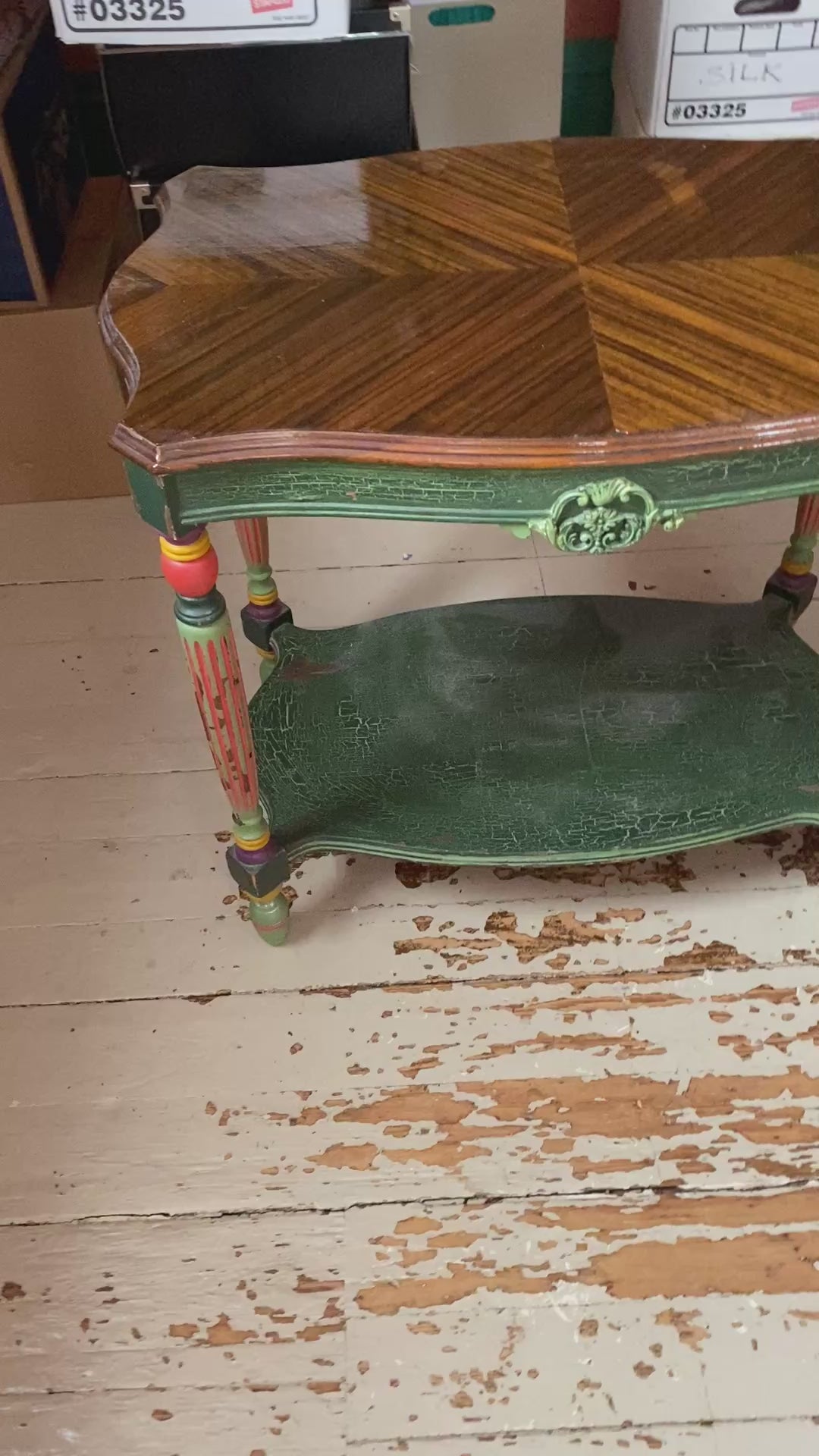 1920s Parlor Table with Bookmatched Walnut Top & Folk Art Painted Base