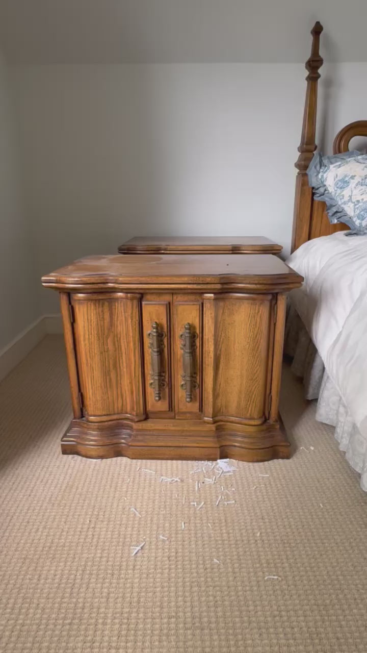 1970s Spanish Revival Oak Nightstand with Serpentine Base & Original Brass Pulls 2 of 2