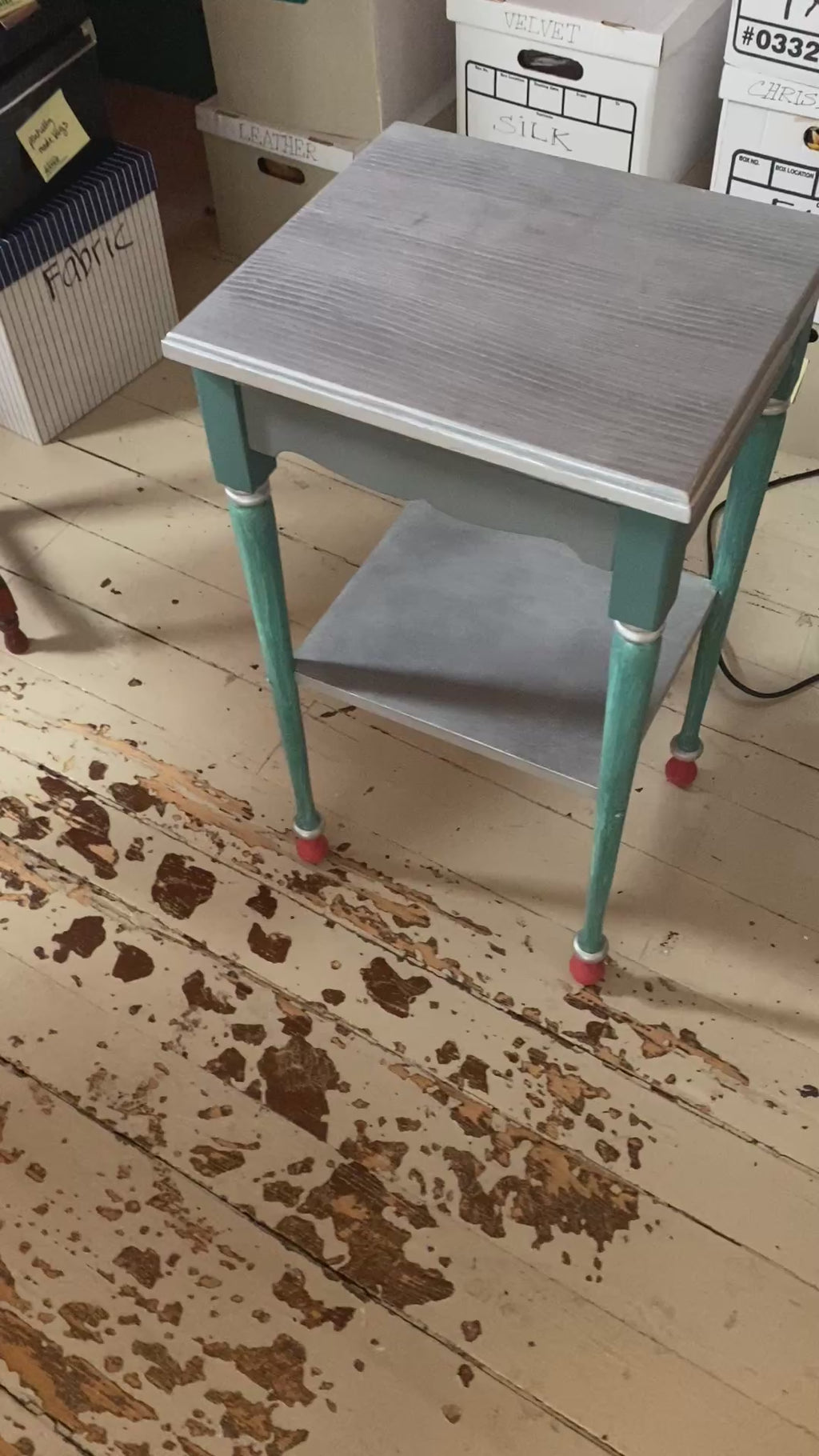Hand-Painted Folk Art Side Table with Ball Feet, Teal & Coral Accents