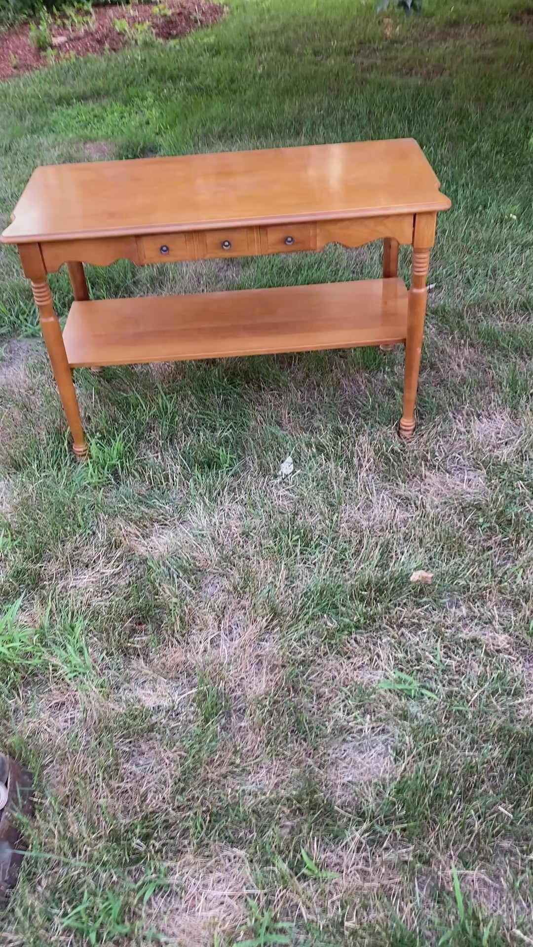 Vintage Maple Colonial Revival Console Table with Three Drawers & Lower Shelf