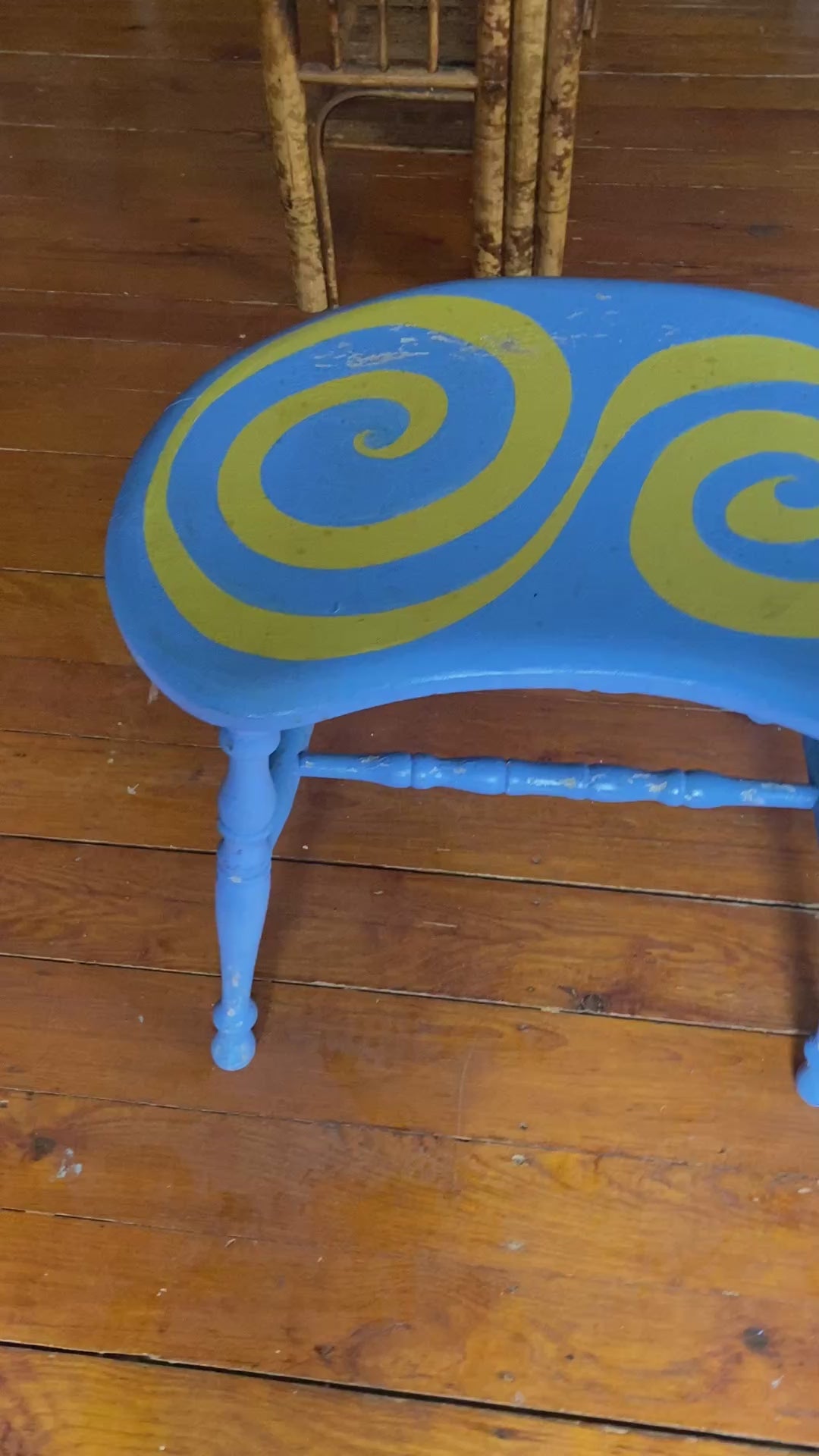 Vintage Kidney Bean Stool with Hand-Painted Spiral Design, Turned Legs