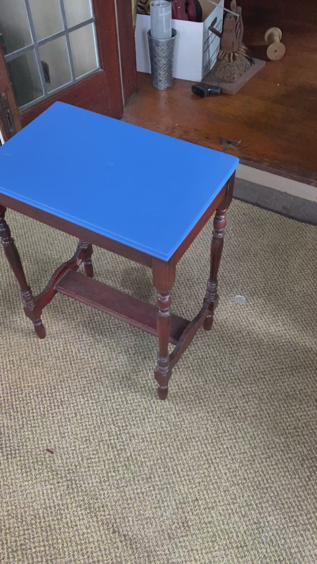 1920s Jacobean Revival Side Table with Bold Blue Painted Top & Turned Legs