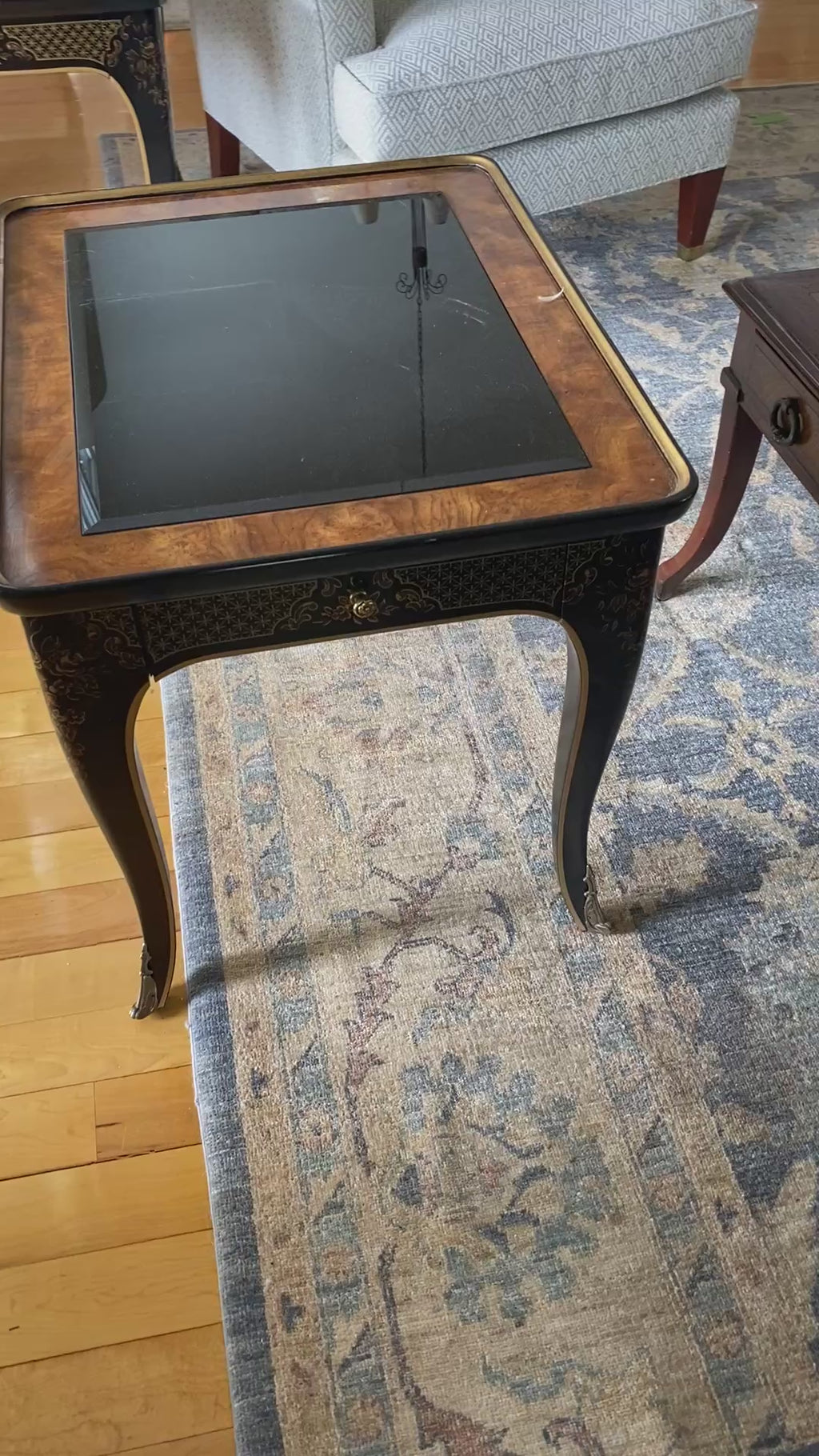 Drexel Heritage Chinoiserie Side Table Black Lacquer Burl Wood Glass Top 2 of 2
