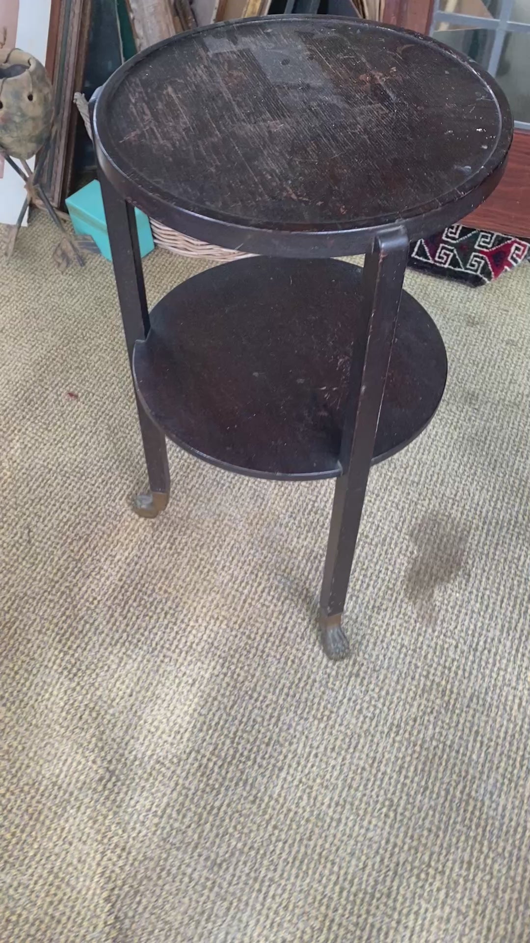 Antique Oak Two-Tier Round Side Table with Brass Claw Foot Casters