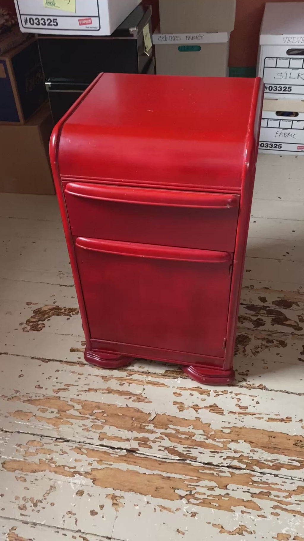 Art Deco Waterfall Nightstand in Bold Cherry Red Lacquer, 1930s-40s