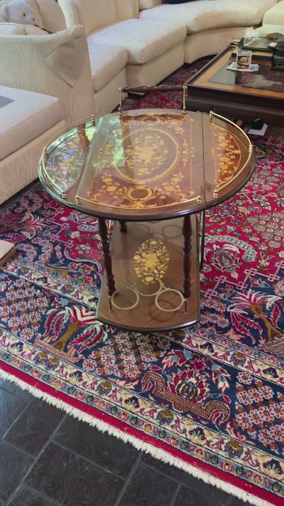 Notturno Intarsio Sorrento Italy Marquetry Drop-Leaf Bar Cart with Bottle Holder