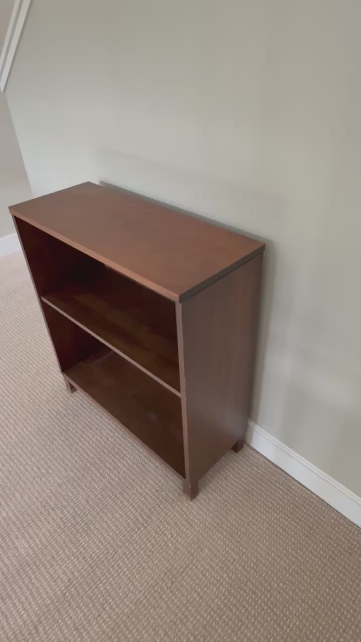 Mid-Century Walnut Veneer Two-Shelf Bookcase with Brass Sabots