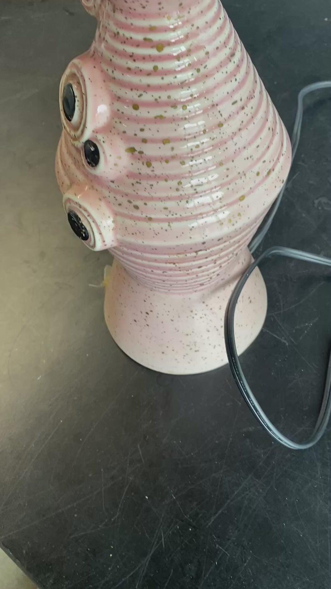 Pair Mid-Century Pink Speckled Ceramic Table Lamps with Atomic Orbital Details
