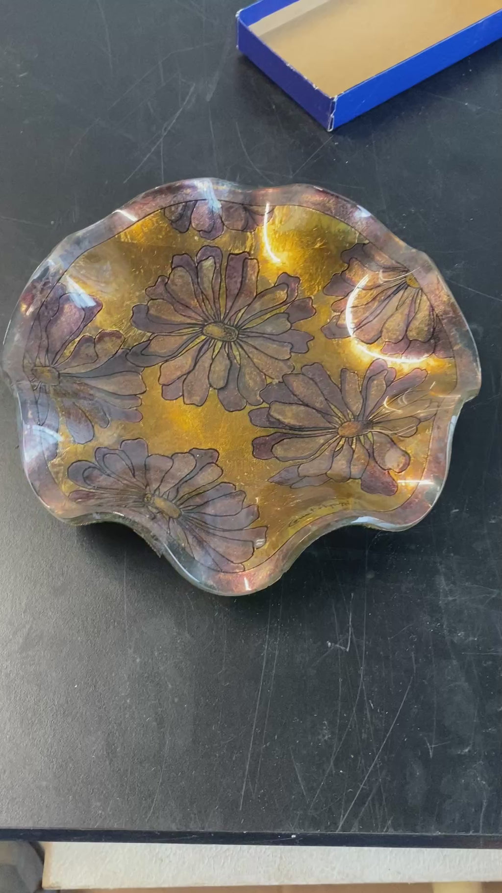 Count Agapi Signed Art Glass Ruffled Bowl with Gold Leaf Floral Motif