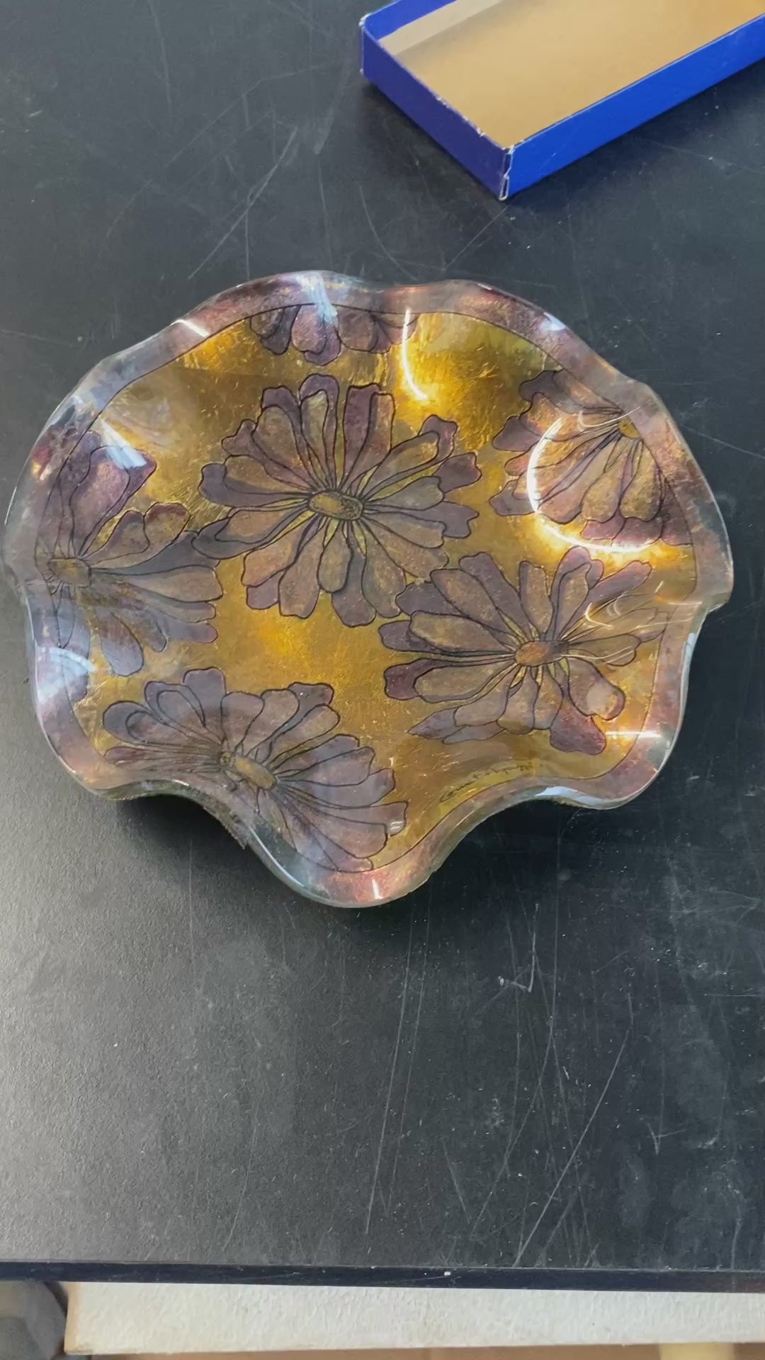 Count Agapi Signed Art Glass Ruffled Bowl with Gold Leaf Floral Motif