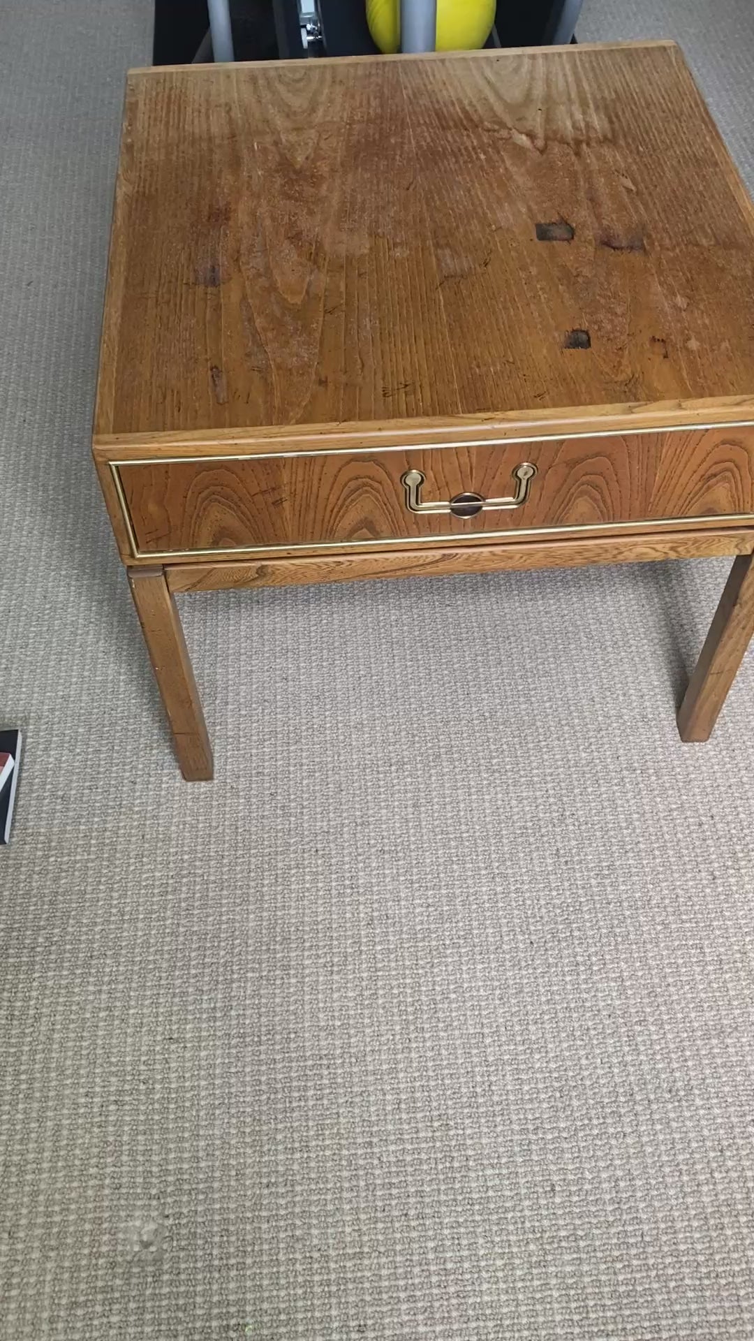 Founders 1970s Campaign-Style Oak End Table with Brass Trim & Bail Pull Hardware
