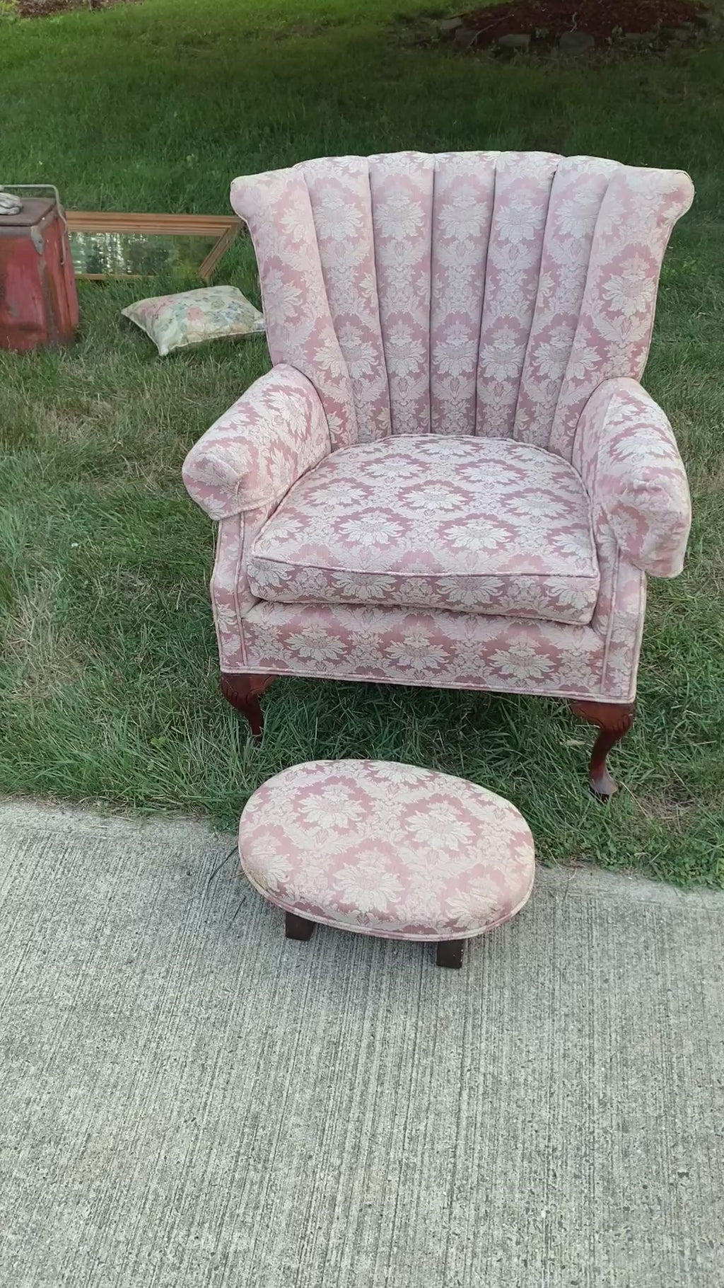 Vintage Channel-Back Wingchair & Ottoman Set in Rose Damask with Queen Anne Legs