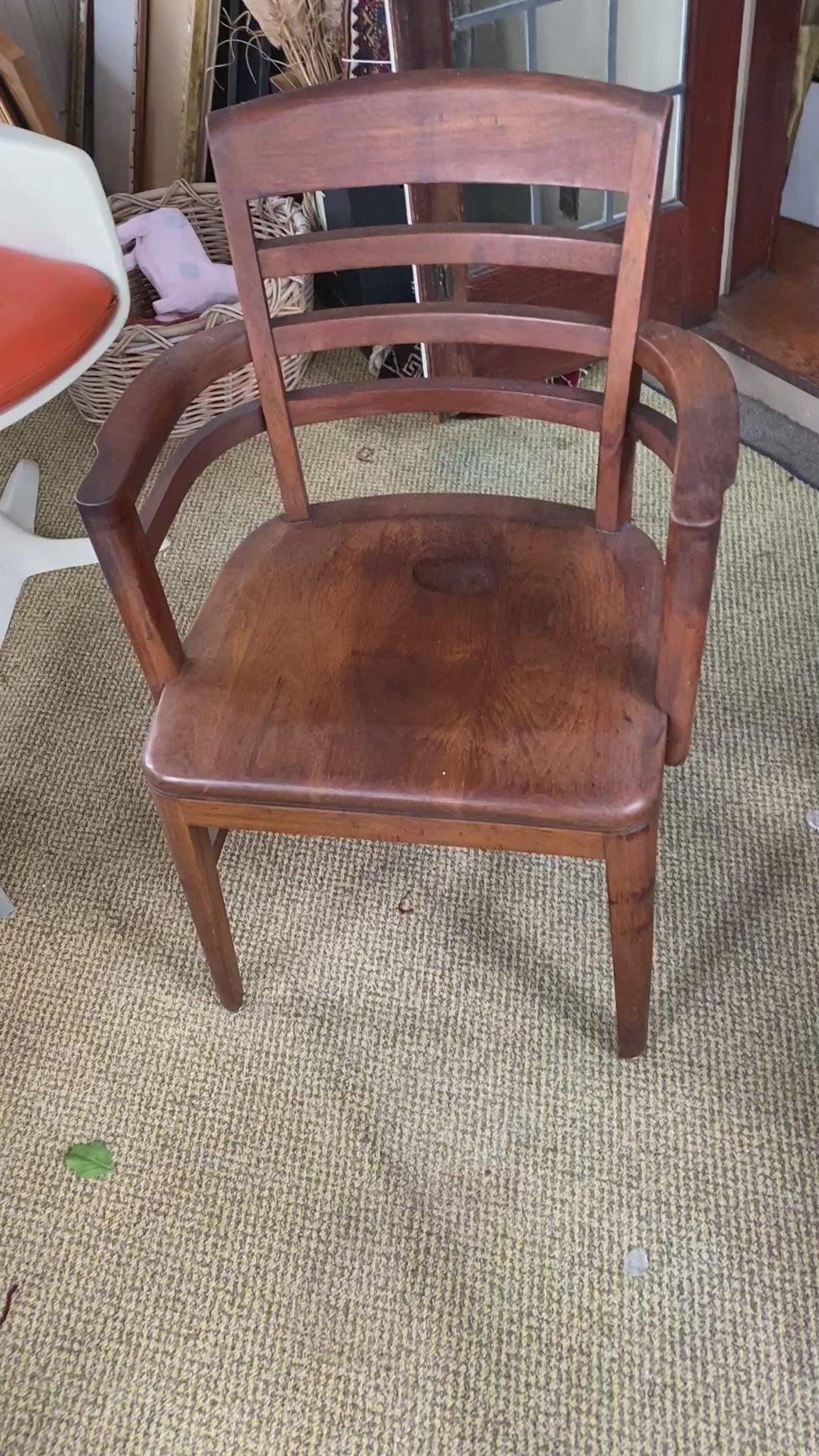 Vintage Solid Oak Banker's Armchair with Bentwood Arms, 1940s Office Classic