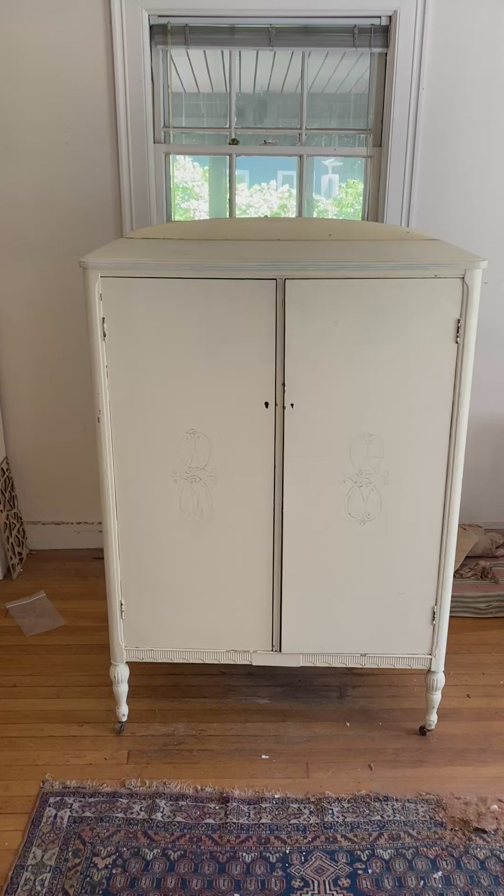 1920s French Provincial Painted Wardrobe Armoire with Carved Medallion Doors