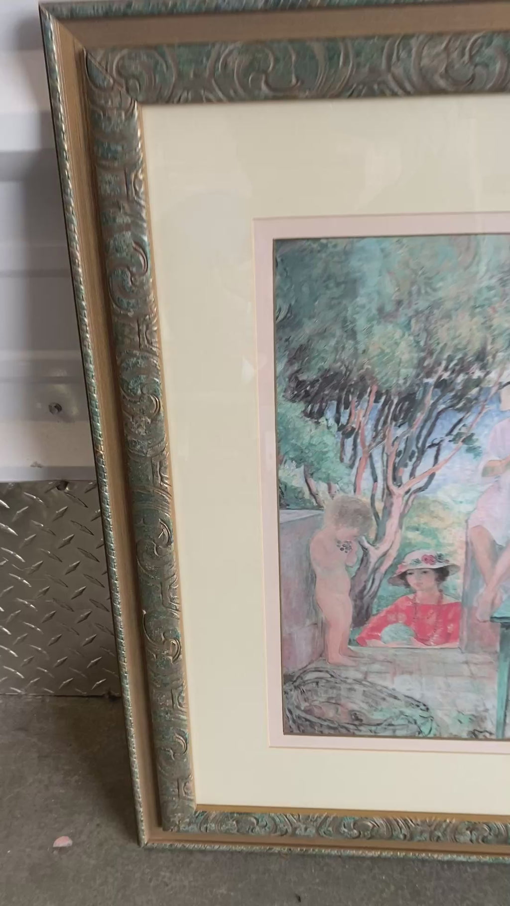 Framed Henri Lebasque-Style Post-Impressionist Print in Verdigris Scroll Frame